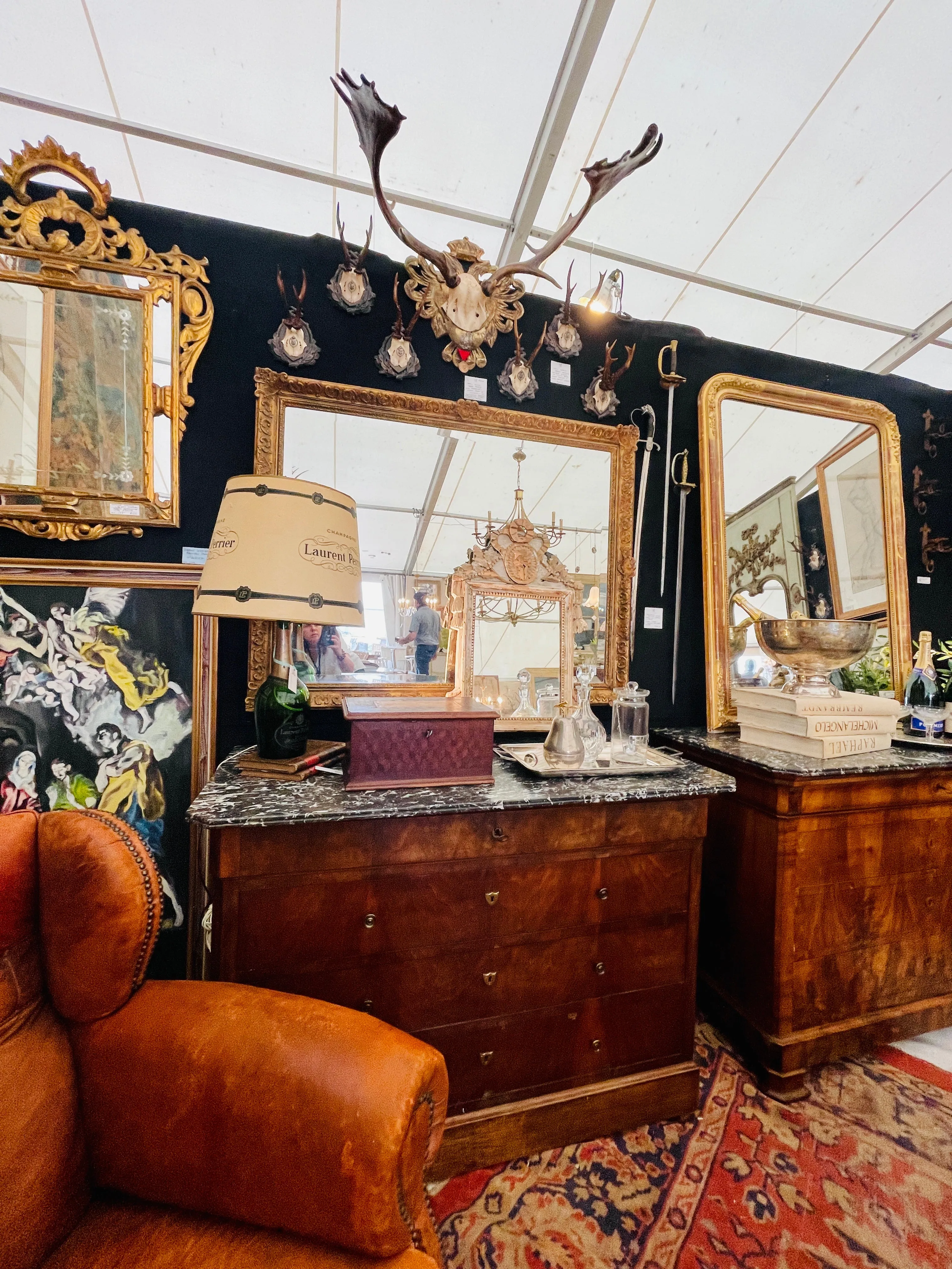 Antique French Rectangular Floral & Gilt Frame Mirror with Beveled Glass Detail
