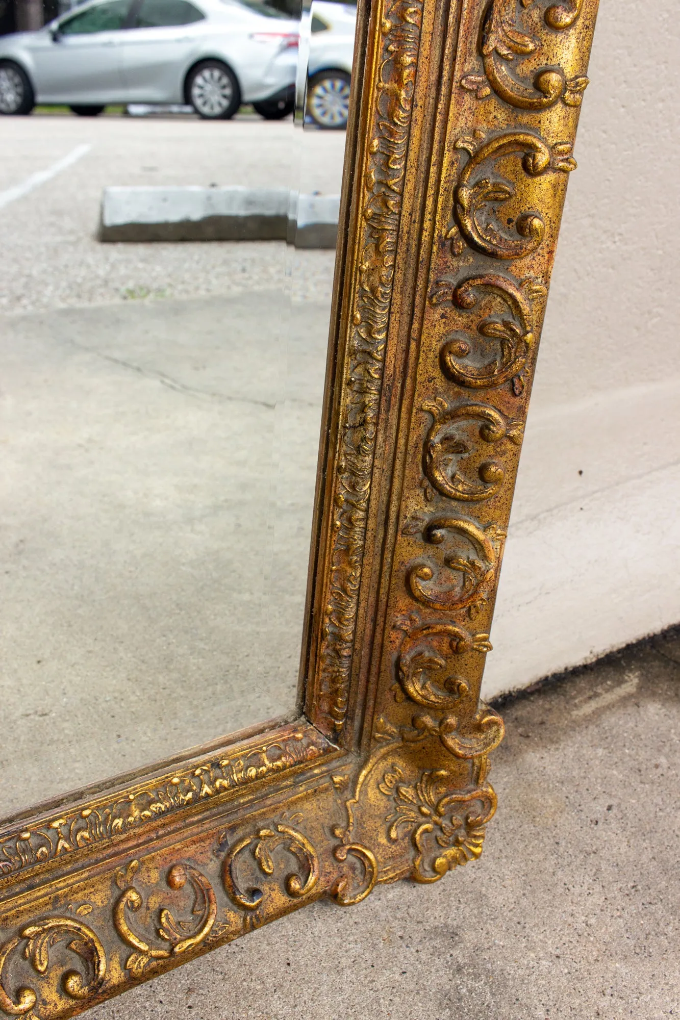 Antique French Rectangular Floral & Gilt Frame Mirror with Beveled Glass Detail