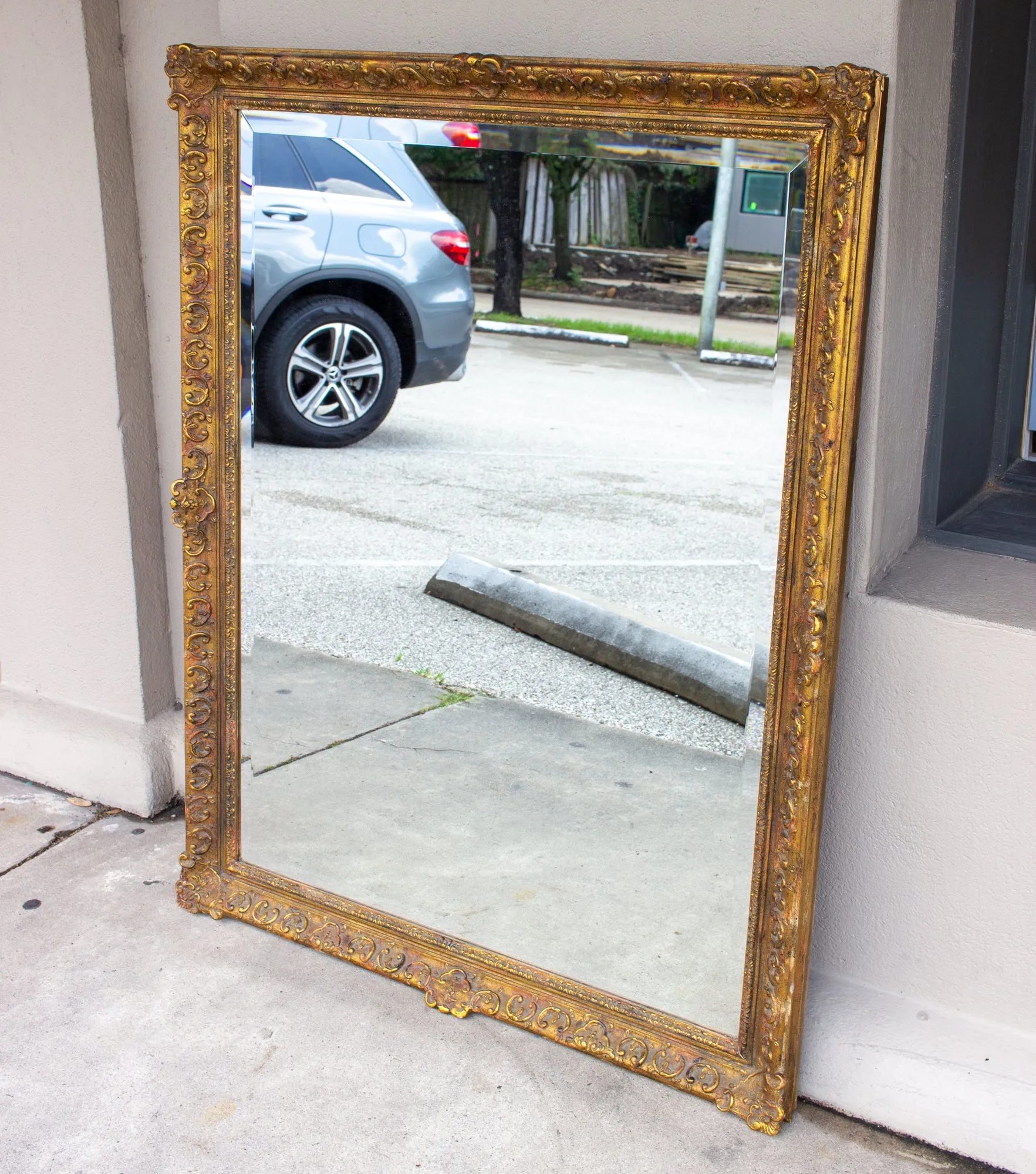Antique French Rectangular Floral & Gilt Frame Mirror with Beveled Glass Detail