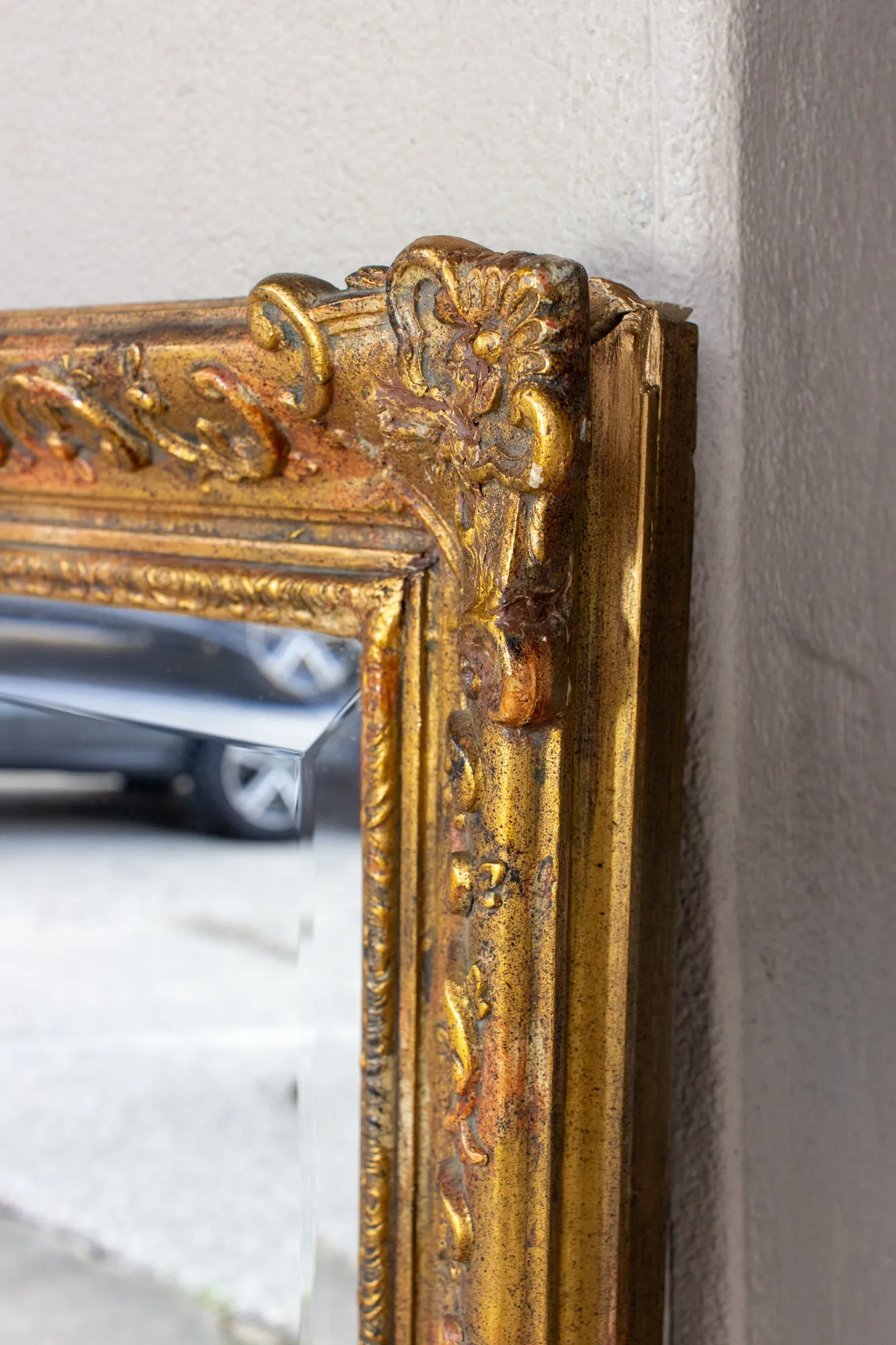 Antique French Rectangular Floral & Gilt Frame Mirror with Beveled Glass Detail