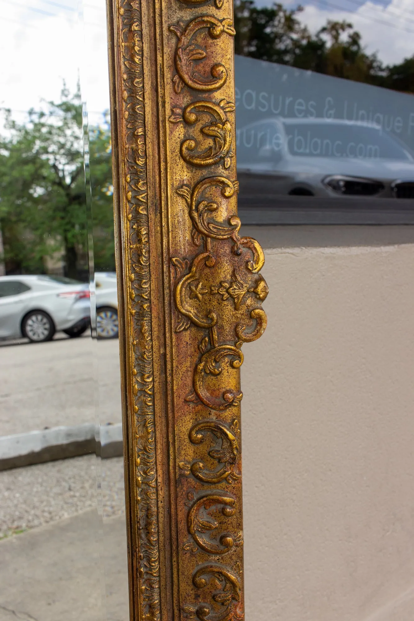 Antique French Rectangular Floral & Gilt Frame Mirror with Beveled Glass Detail