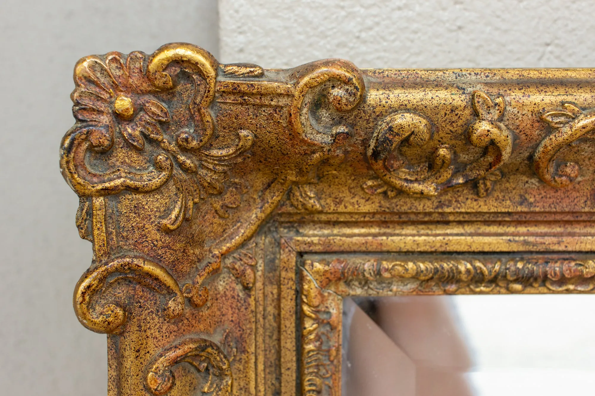 Antique French Rectangular Floral & Gilt Frame Mirror with Beveled Glass Detail