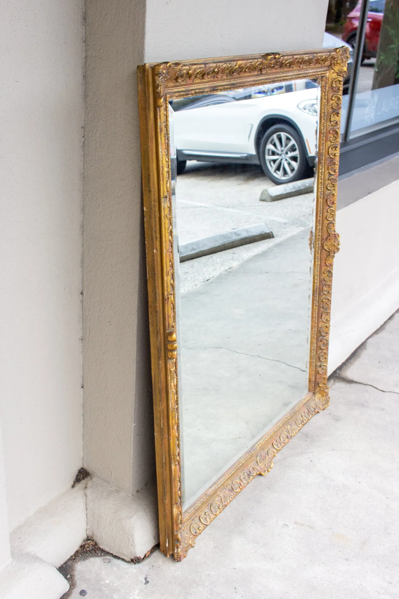 Antique French Rectangular Floral & Gilt Frame Mirror with Beveled Glass Detail