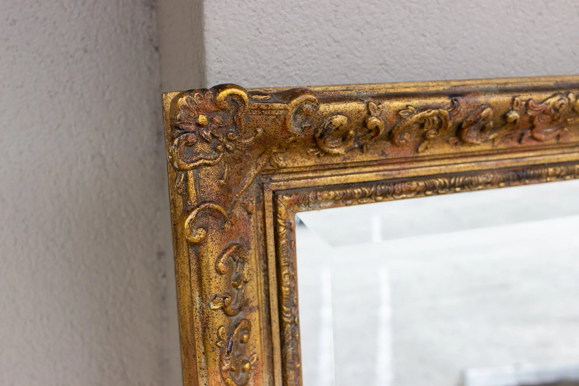 Antique French Rectangular Floral & Gilt Frame Mirror with Beveled Glass Detail