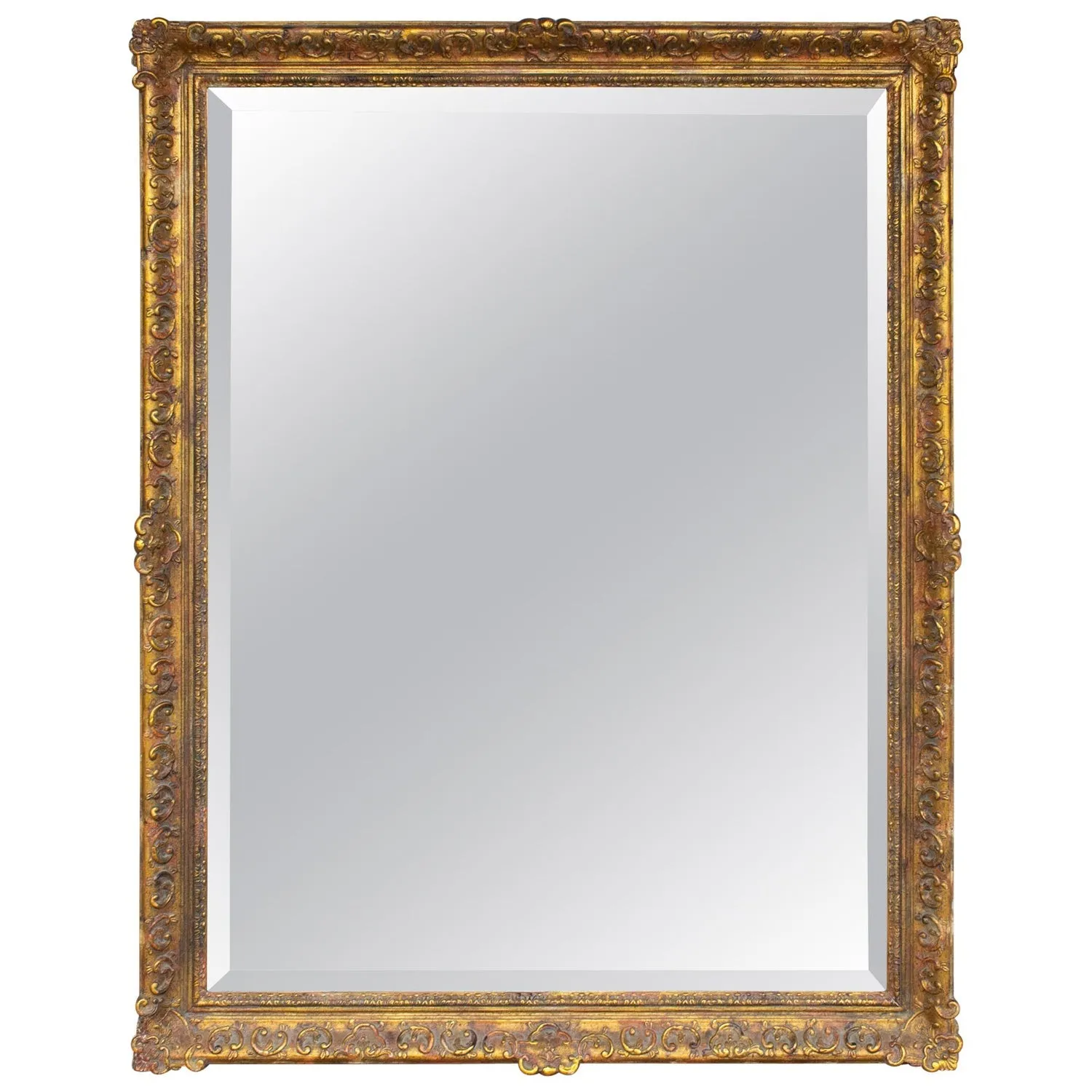 Antique French Rectangular Floral & Gilt Frame Mirror with Beveled Glass Detail