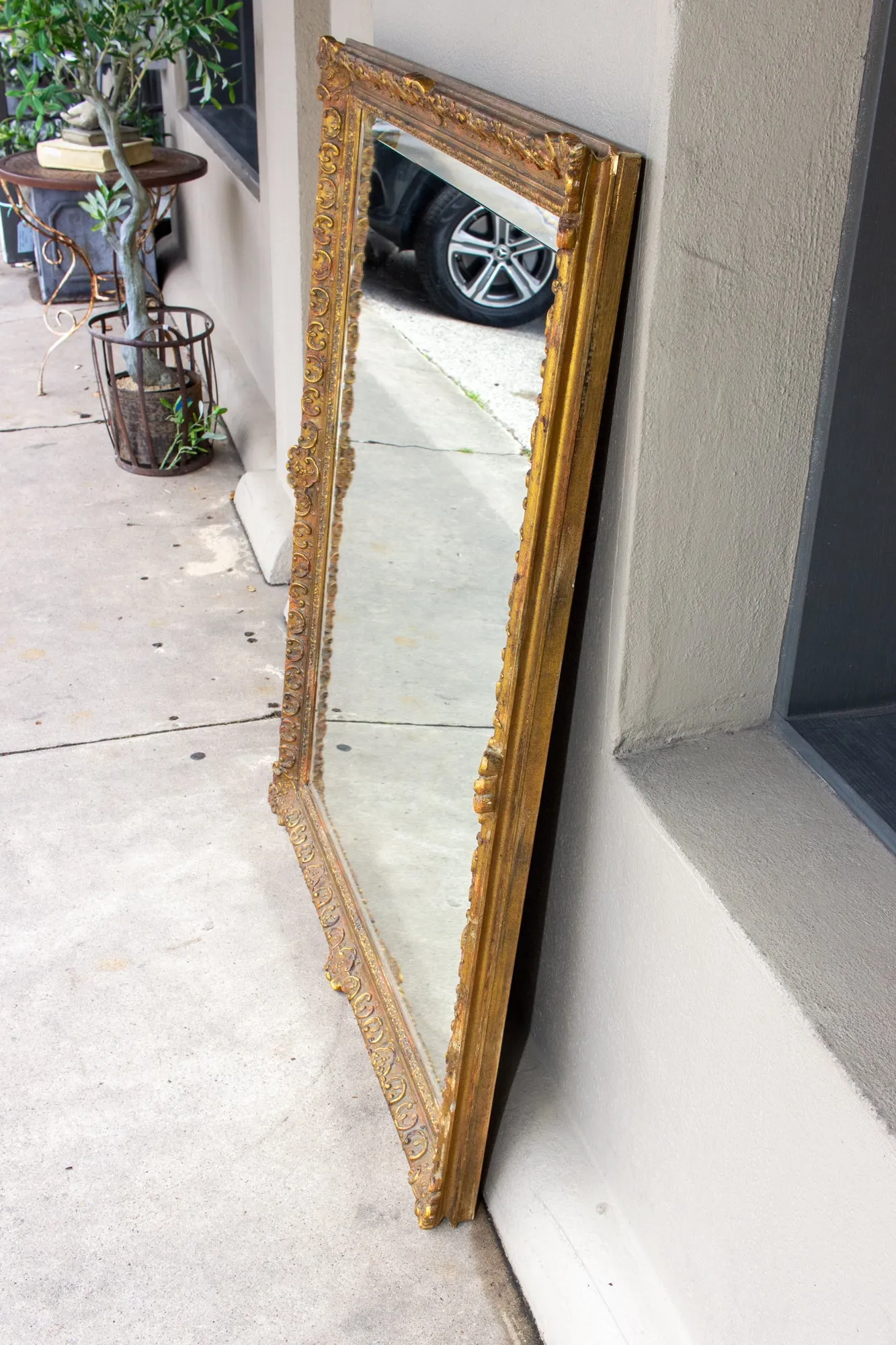 Antique French Rectangular Floral & Gilt Frame Mirror with Beveled Glass Detail