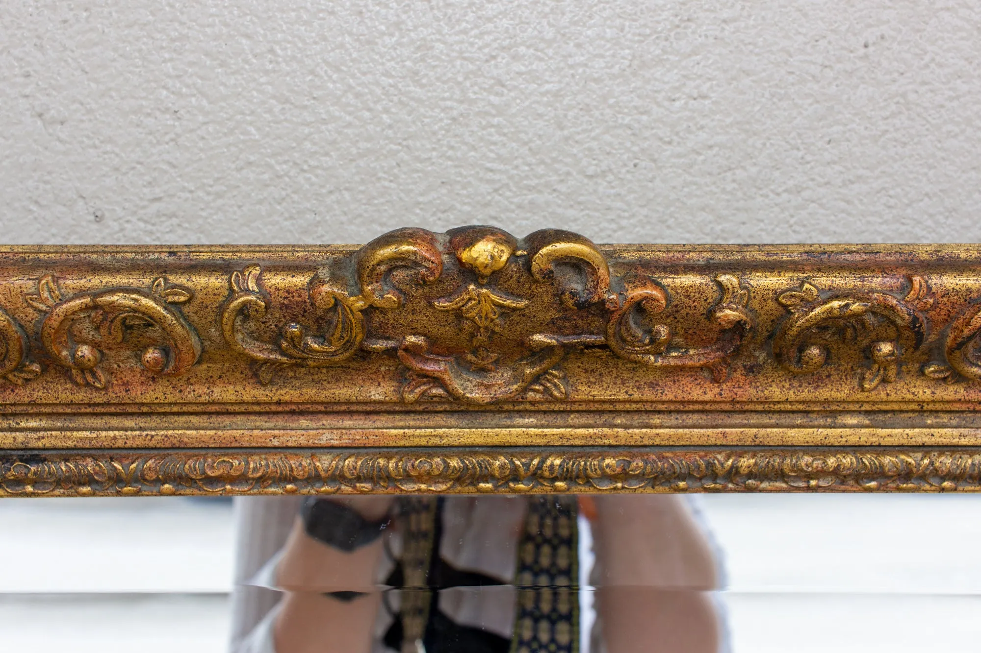 Antique French Rectangular Floral & Gilt Frame Mirror with Beveled Glass Detail