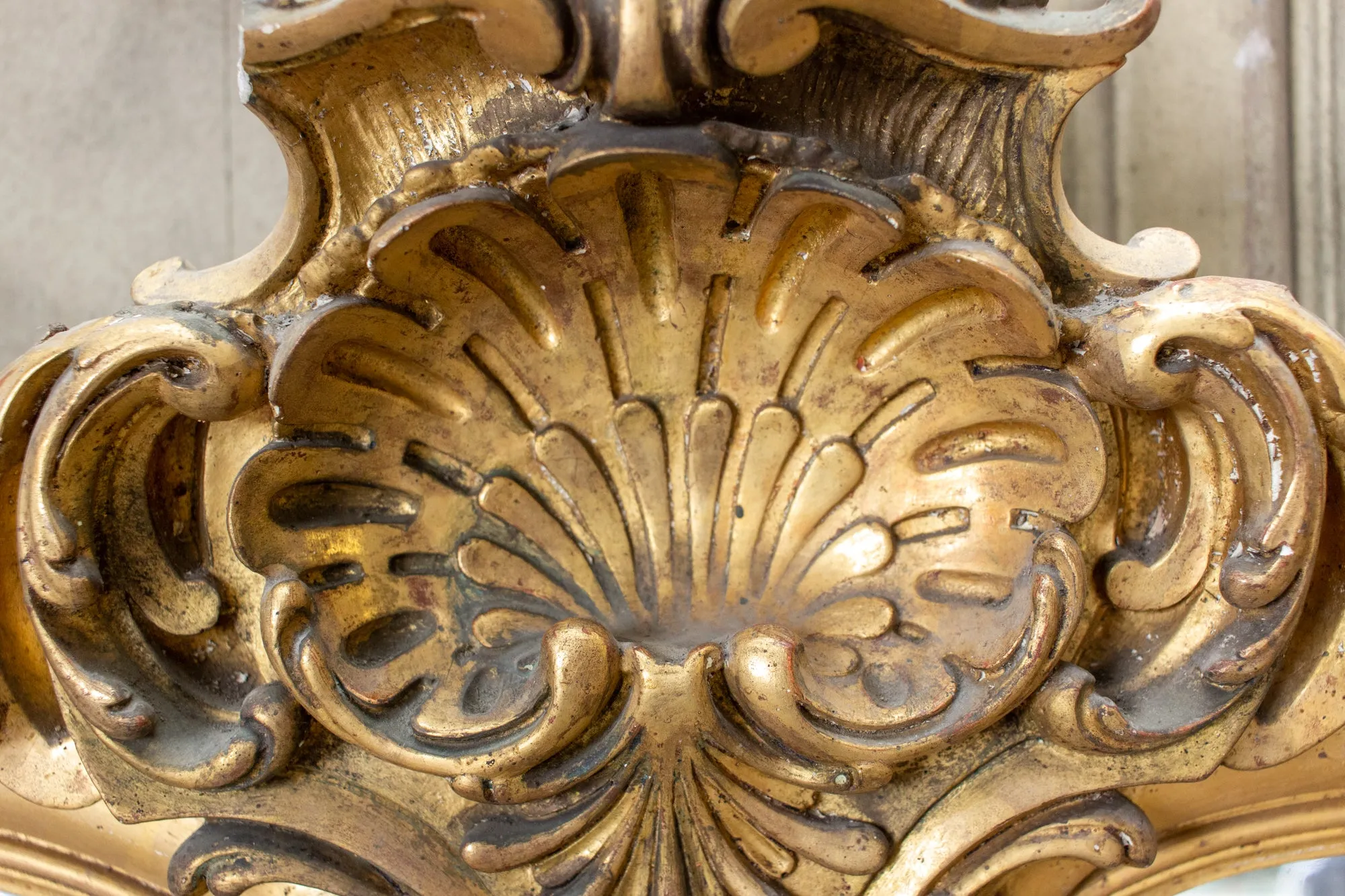 Antique Gilt Full-Length Mirror with Decorative Carvings and Shell Cartouche