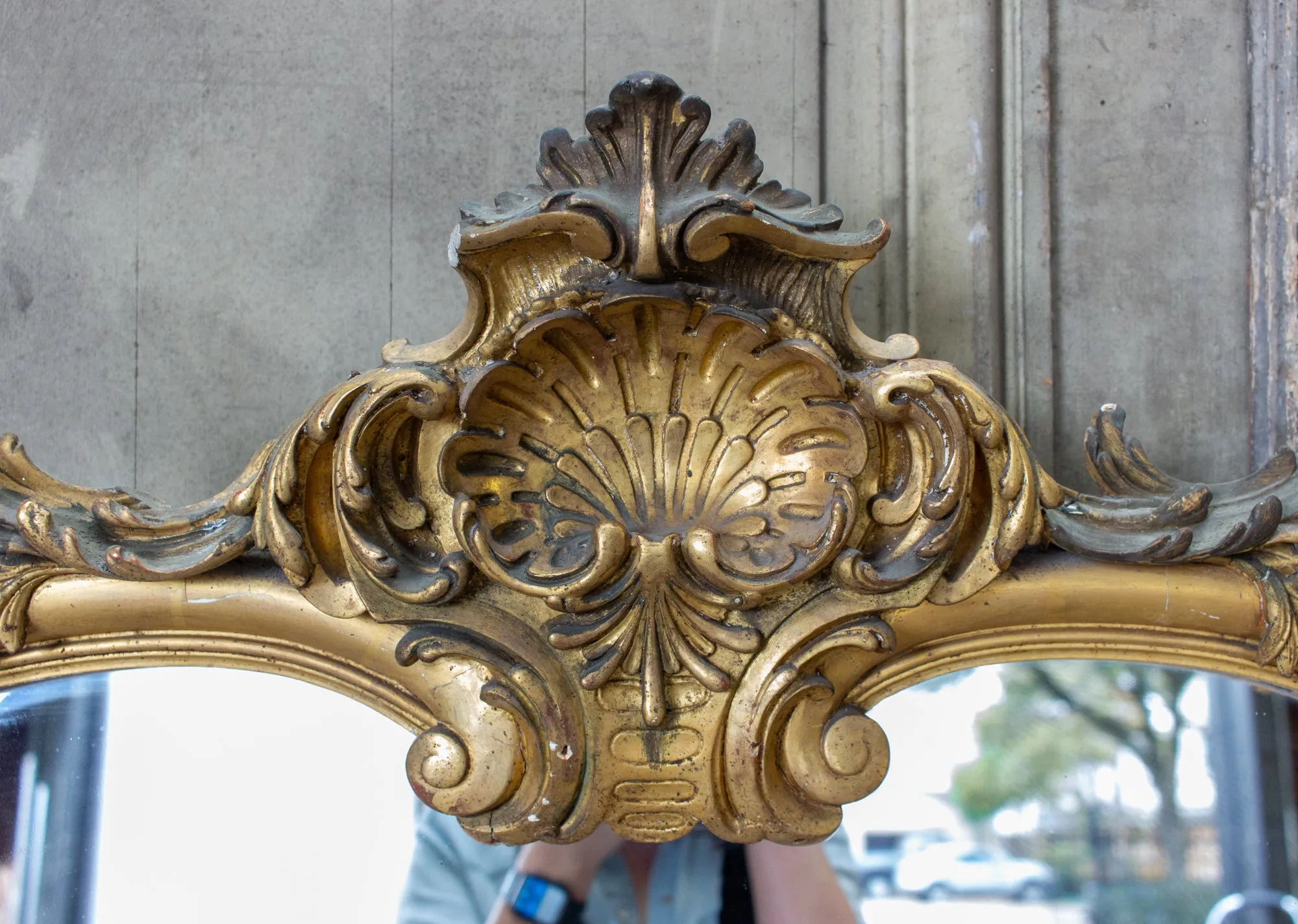 Antique Gilt Full-Length Mirror with Decorative Carvings and Shell Cartouche
