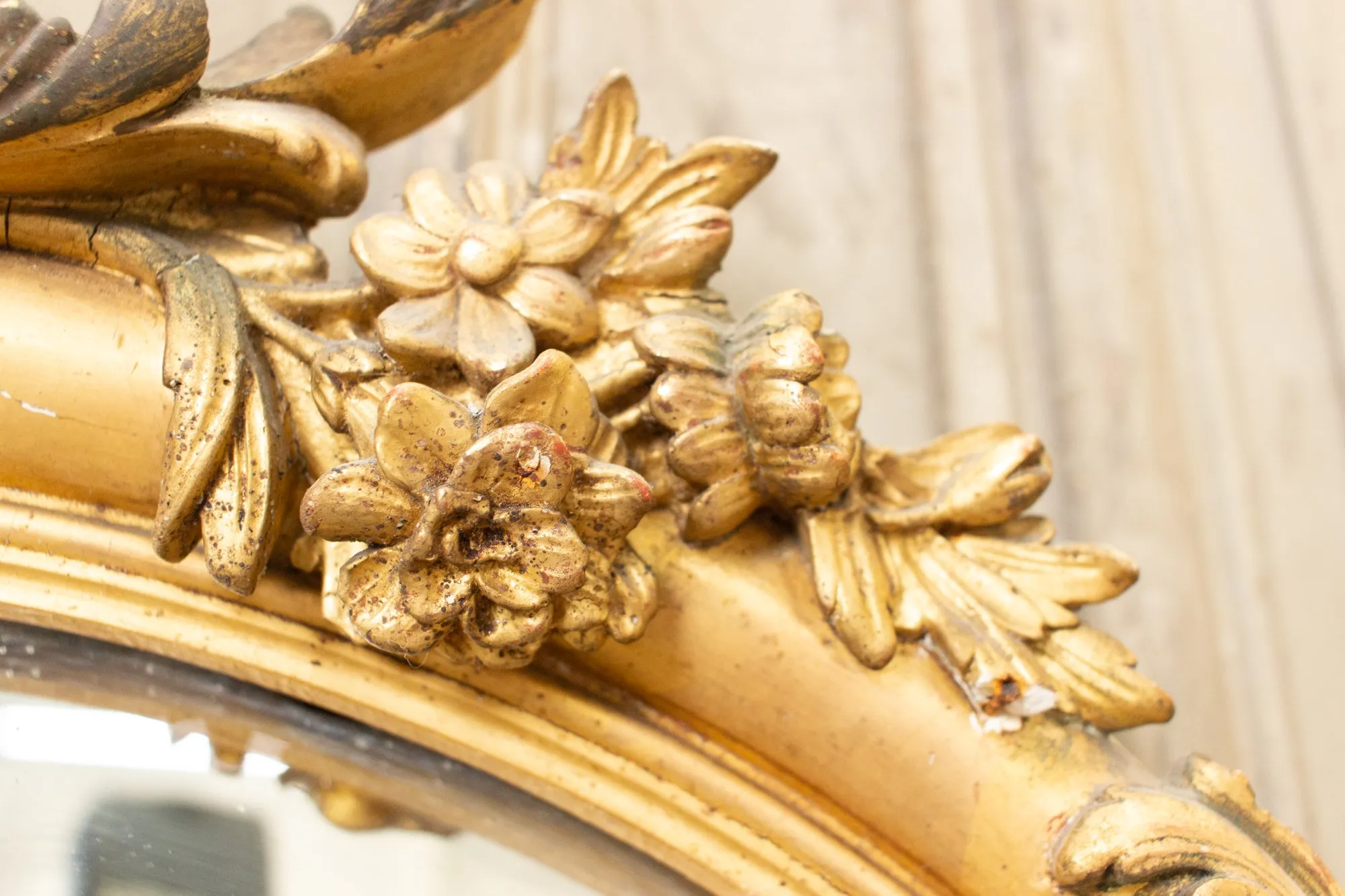 Antique Gilt Full-Length Mirror with Decorative Carvings and Shell Cartouche