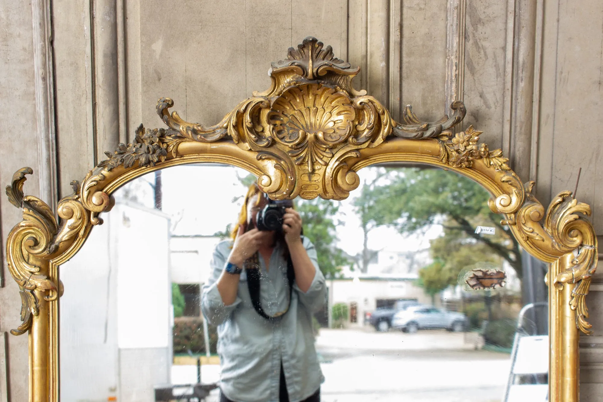 Antique Gilt Full-Length Mirror with Decorative Carvings and Shell Cartouche