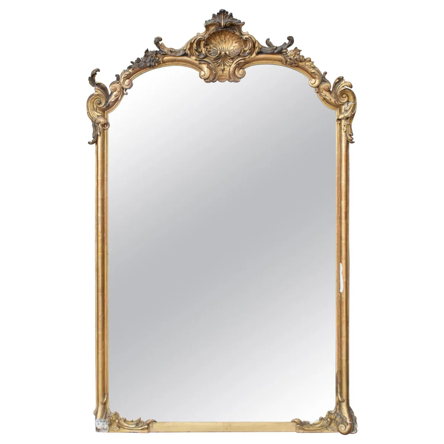 Antique Gilt Full-Length Mirror with Decorative Carvings and Shell Cartouche