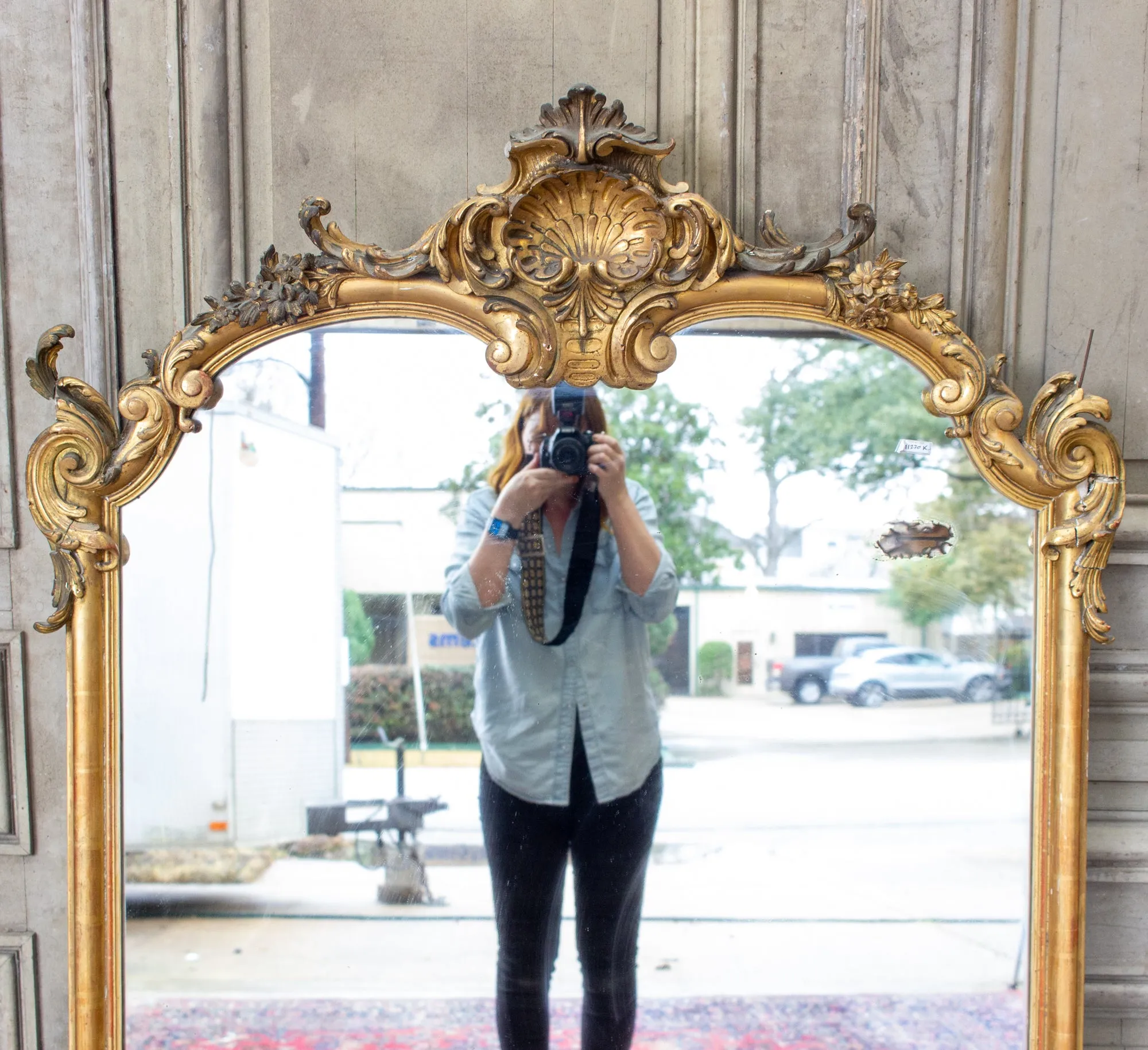 Antique Gilt Full-Length Mirror with Decorative Carvings and Shell Cartouche