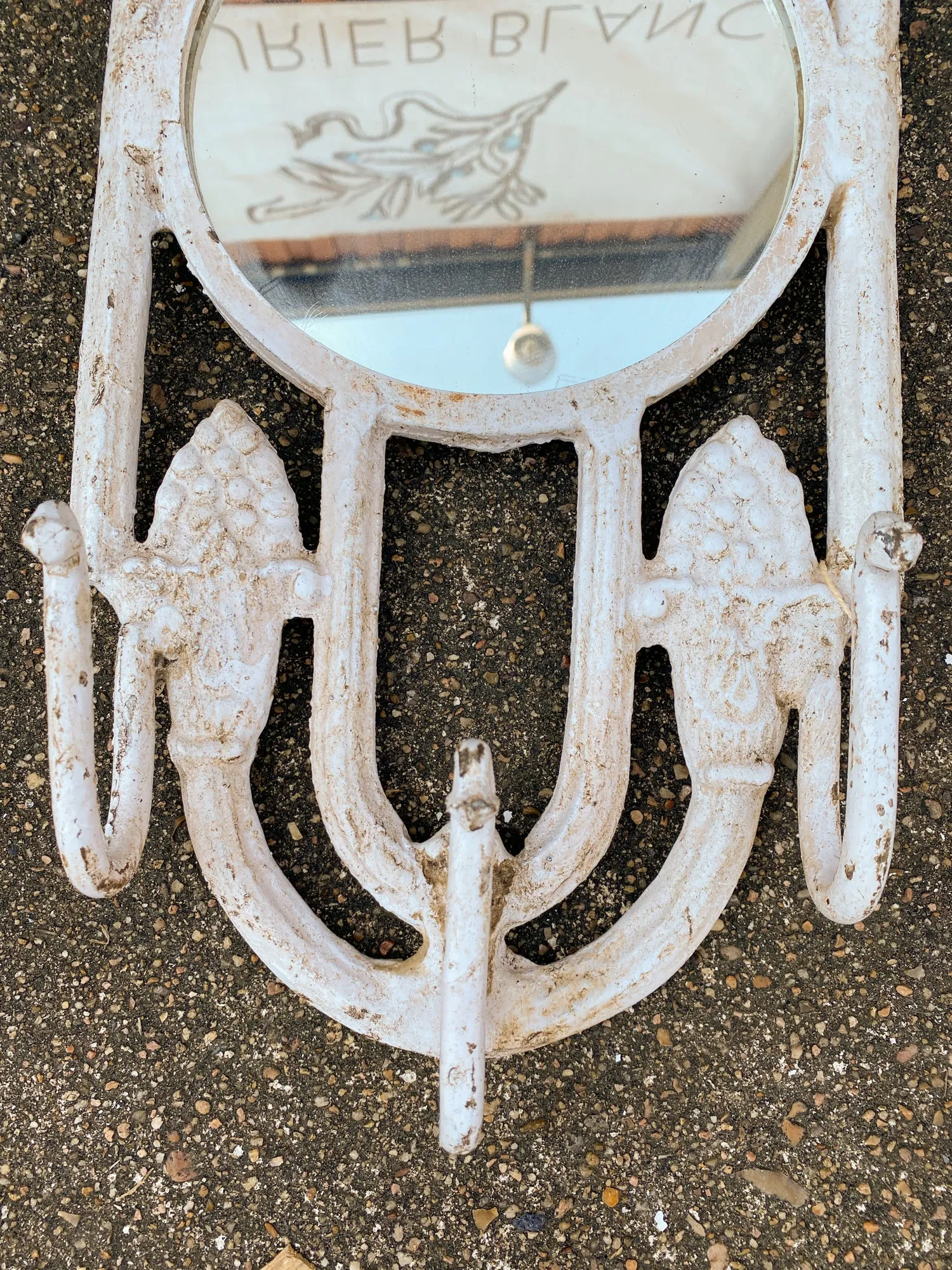 Antique Spanish Painted Cast Iron Wall Mirror with Three Hooks
