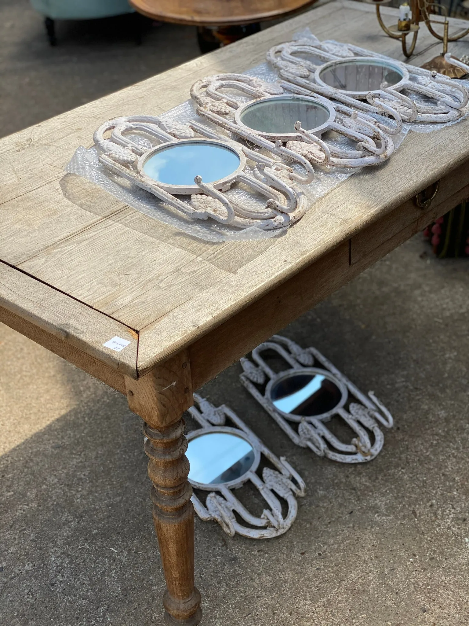 Antique Spanish Painted Cast Iron Wall Mirror with Three Hooks