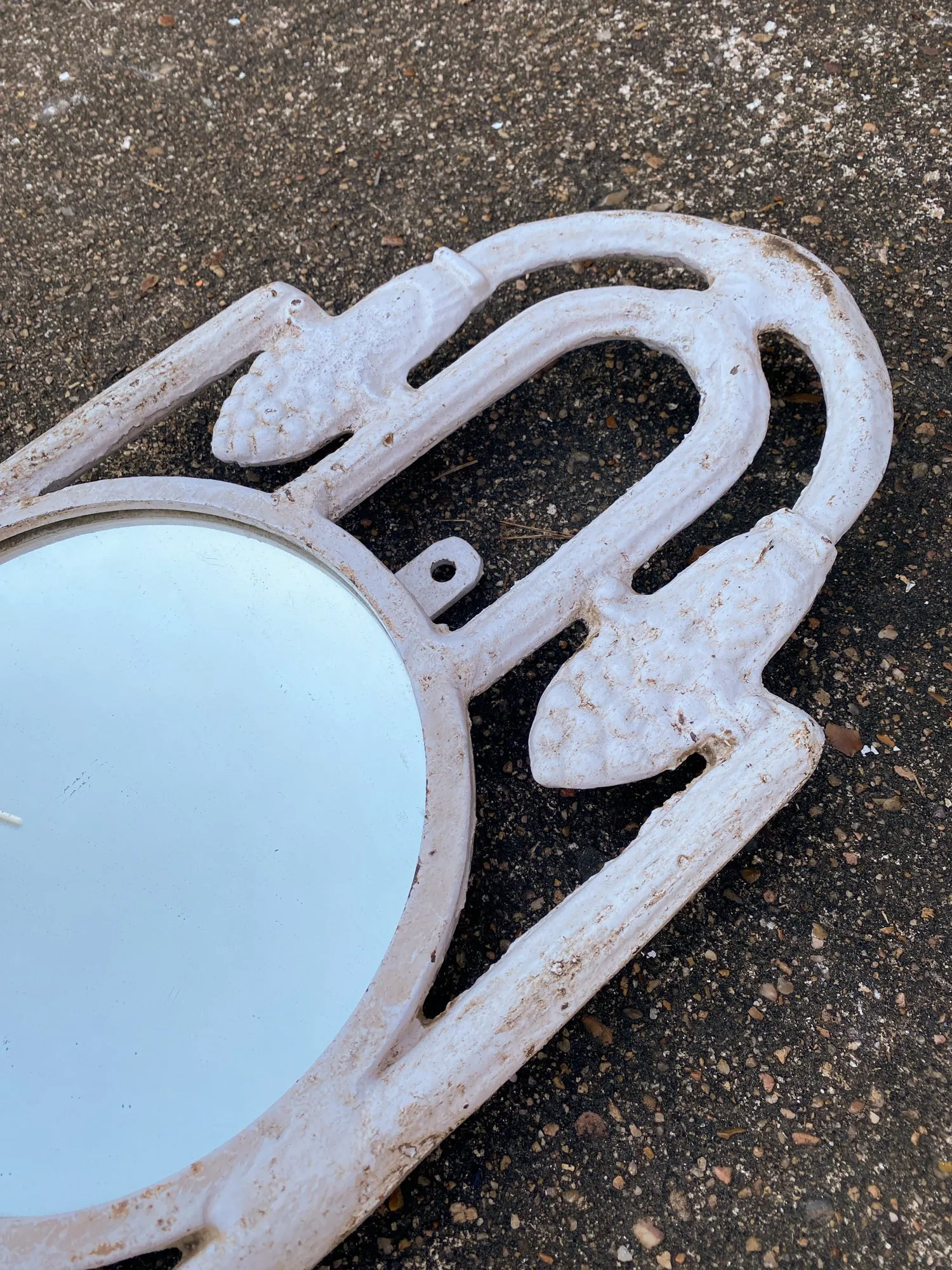 Antique Spanish Painted Cast Iron Wall Mirror with Three Hooks