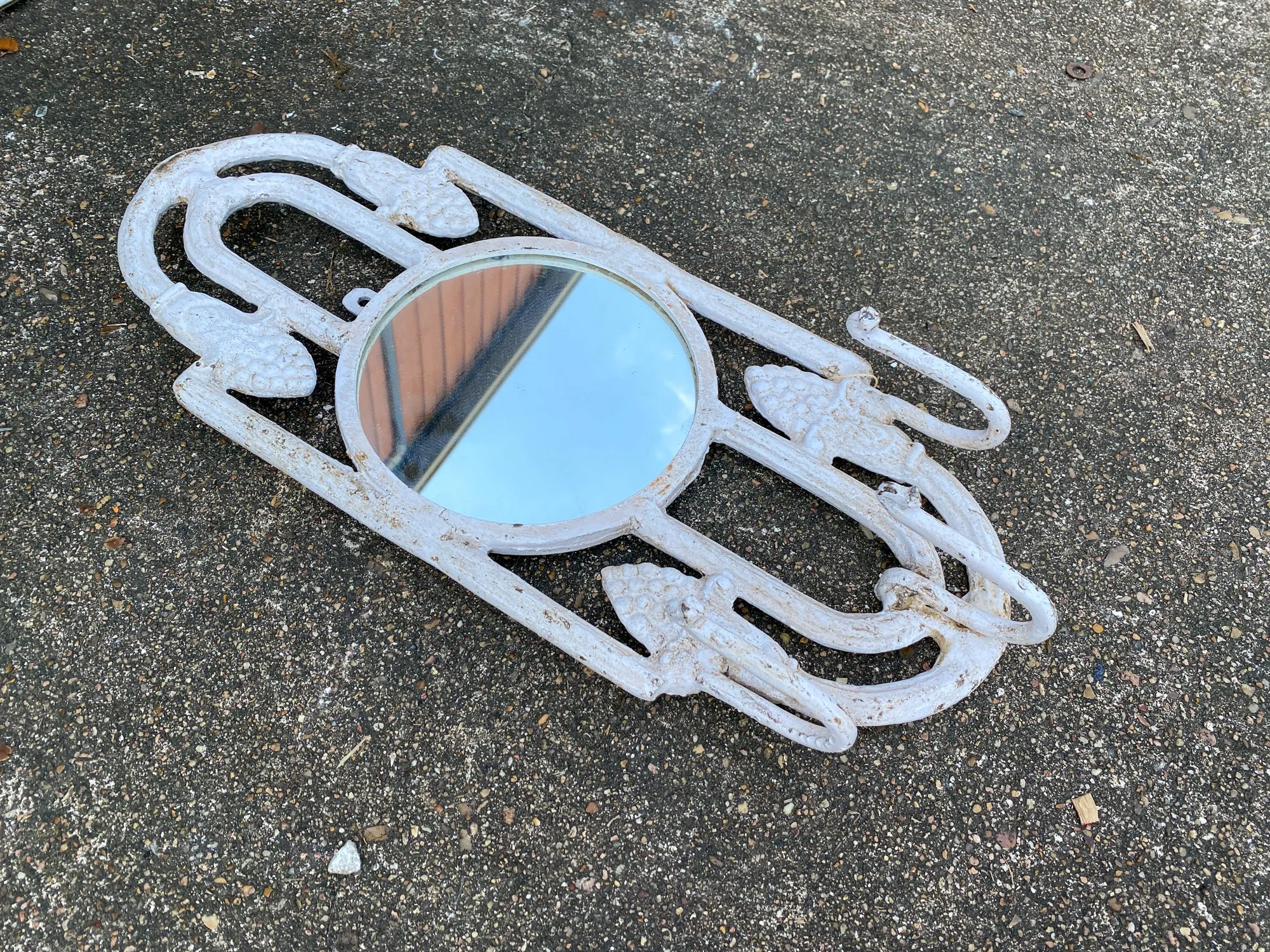Antique Spanish Painted Cast Iron Wall Mirror with Three Hooks
