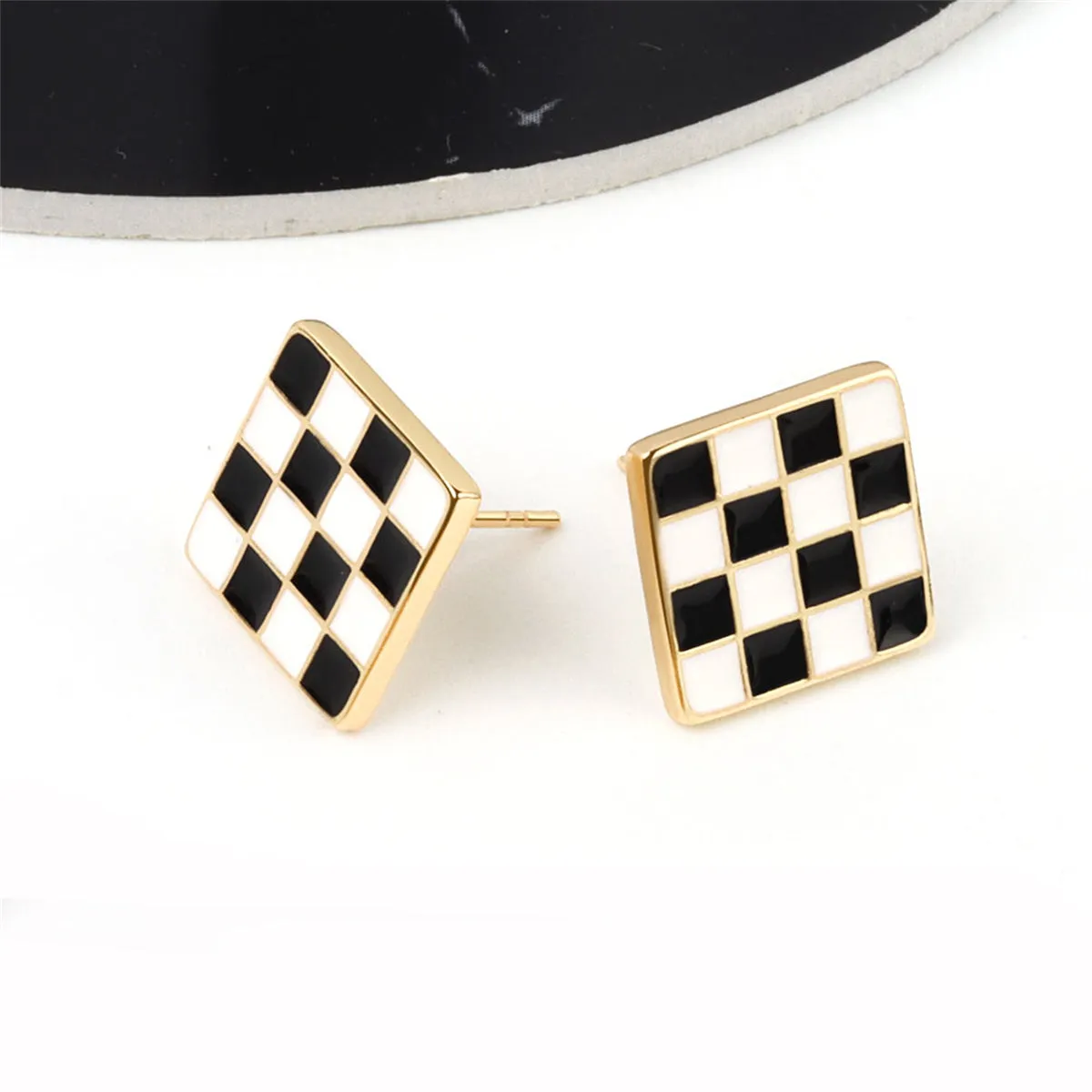 Black & White Plaid Square Stud Earrings