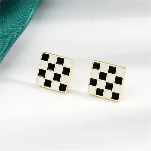 Black & White Plaid Square Stud Earrings