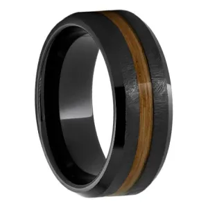 Black Ceramic Beveled Edge Band with Single Malt Barrel Aged Inlay and Grain Finish