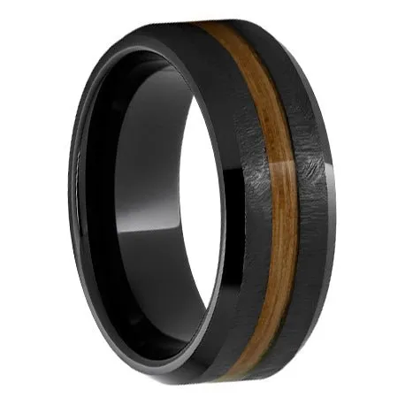Black Ceramic Beveled Edge Band with Single Malt Barrel Aged Inlay and Grain Finish