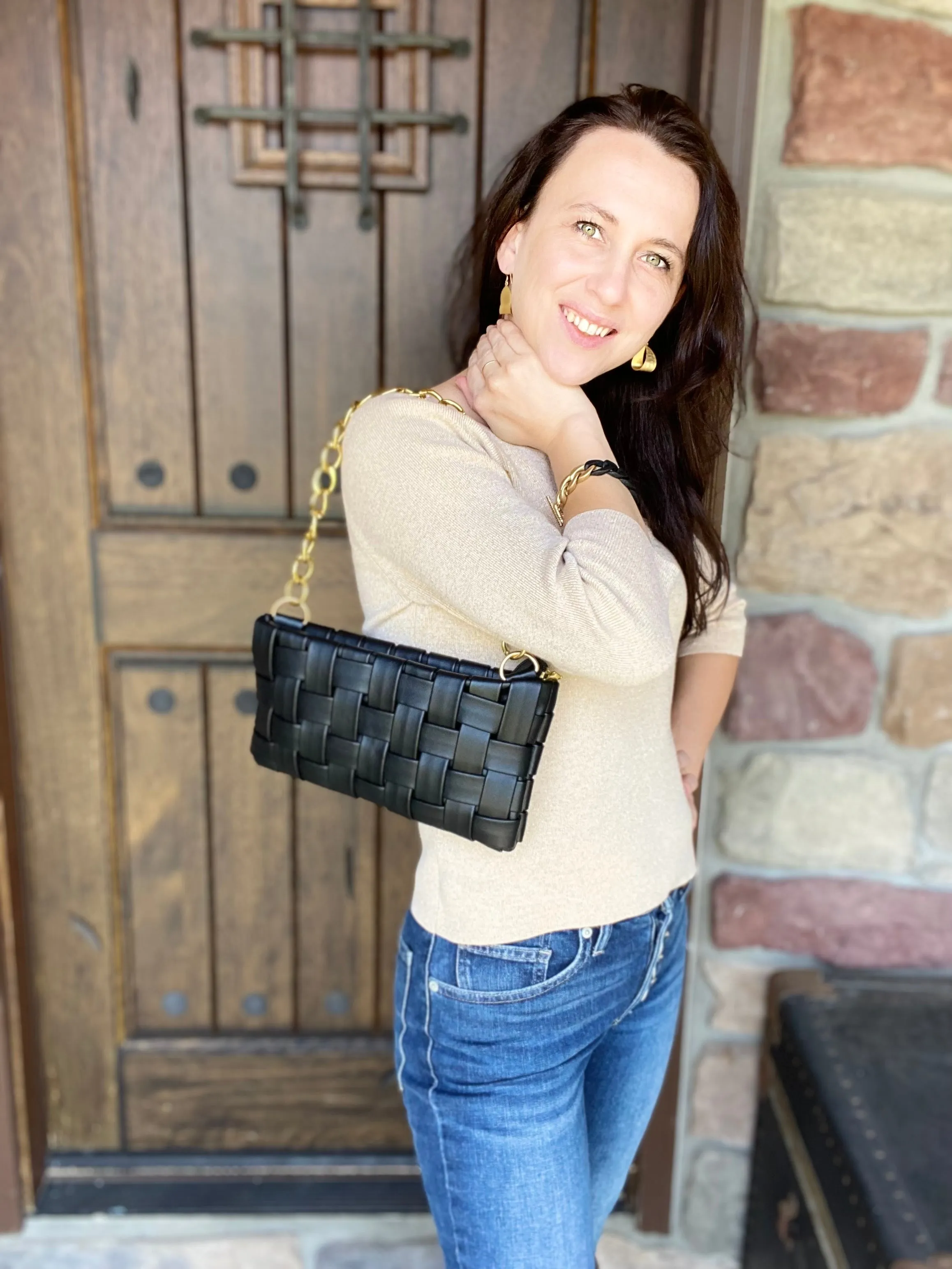 Black Woven Bag with Gold Chain