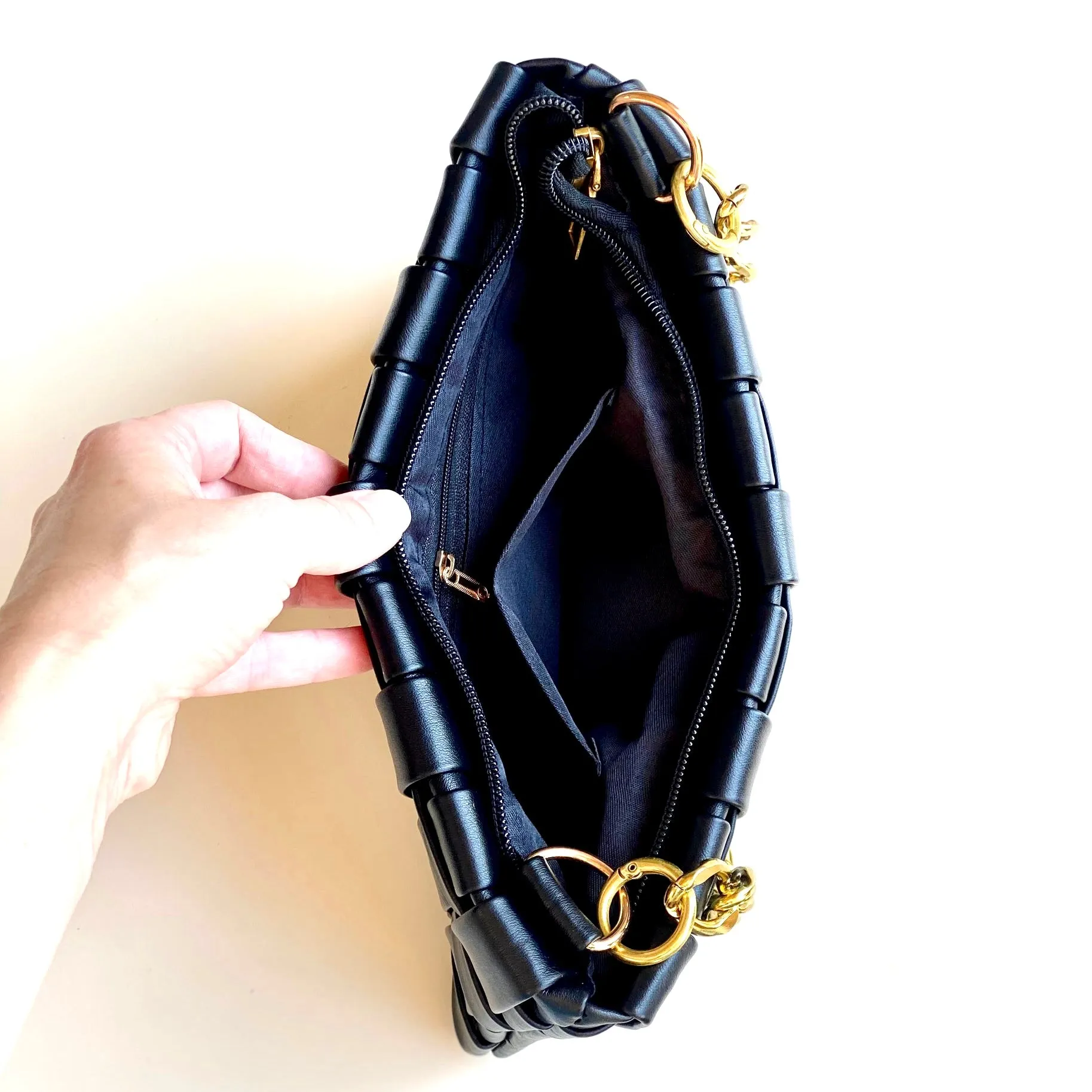 Black Woven Bag with Gold Chain