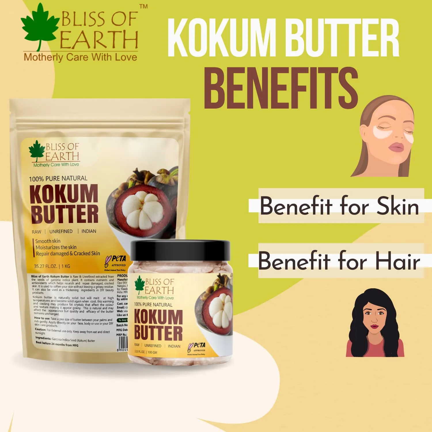 Bliss of earth 100% Pure Natural Kokum Butter Raw | Unrefined | Indian Great For Moisturized Skin,Nourishing Hair, Stretch Mark, DIY Product PETA Approved 100GM Refill Pack