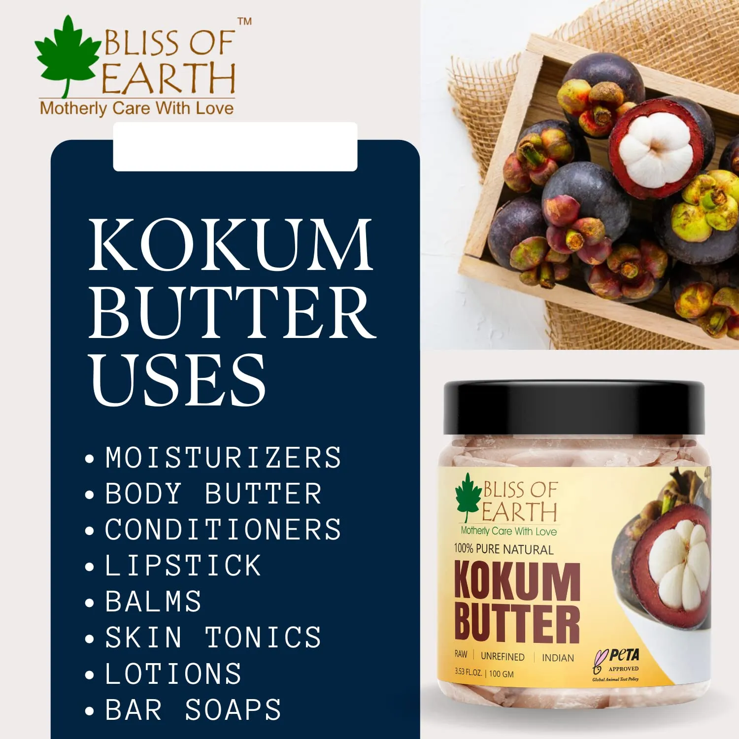 Bliss of earth 100% Pure Natural Kokum Butter Raw | Unrefined | Indian Great For Moisturized Skin,Nourishing Hair, Stretch Mark, DIY Product PETA Approved 500GM
