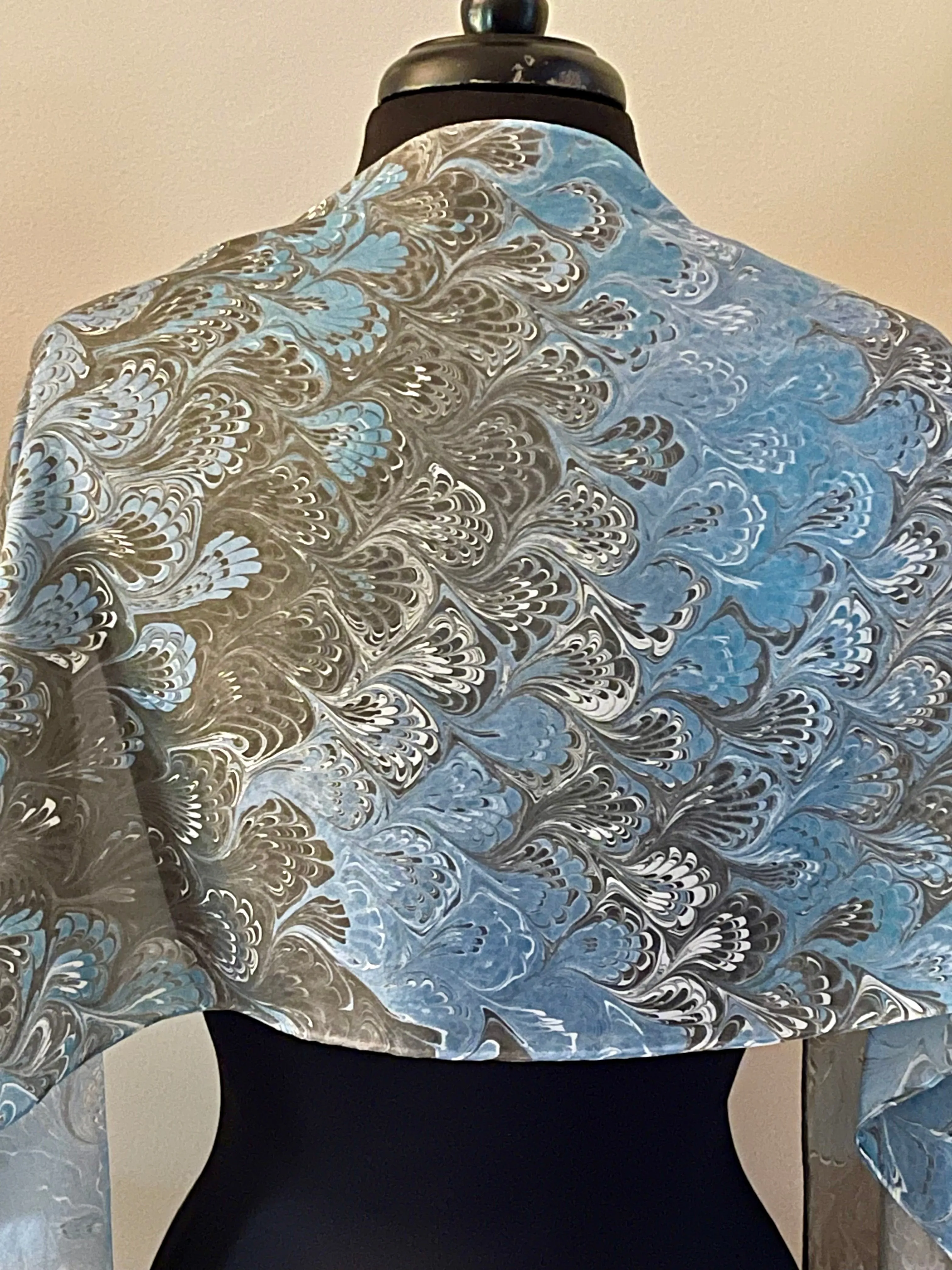 Blue & black bouquet  water marbled 8mm Habotai silk.  Hang on the wall, use  as a table runner or wear this unique piece .