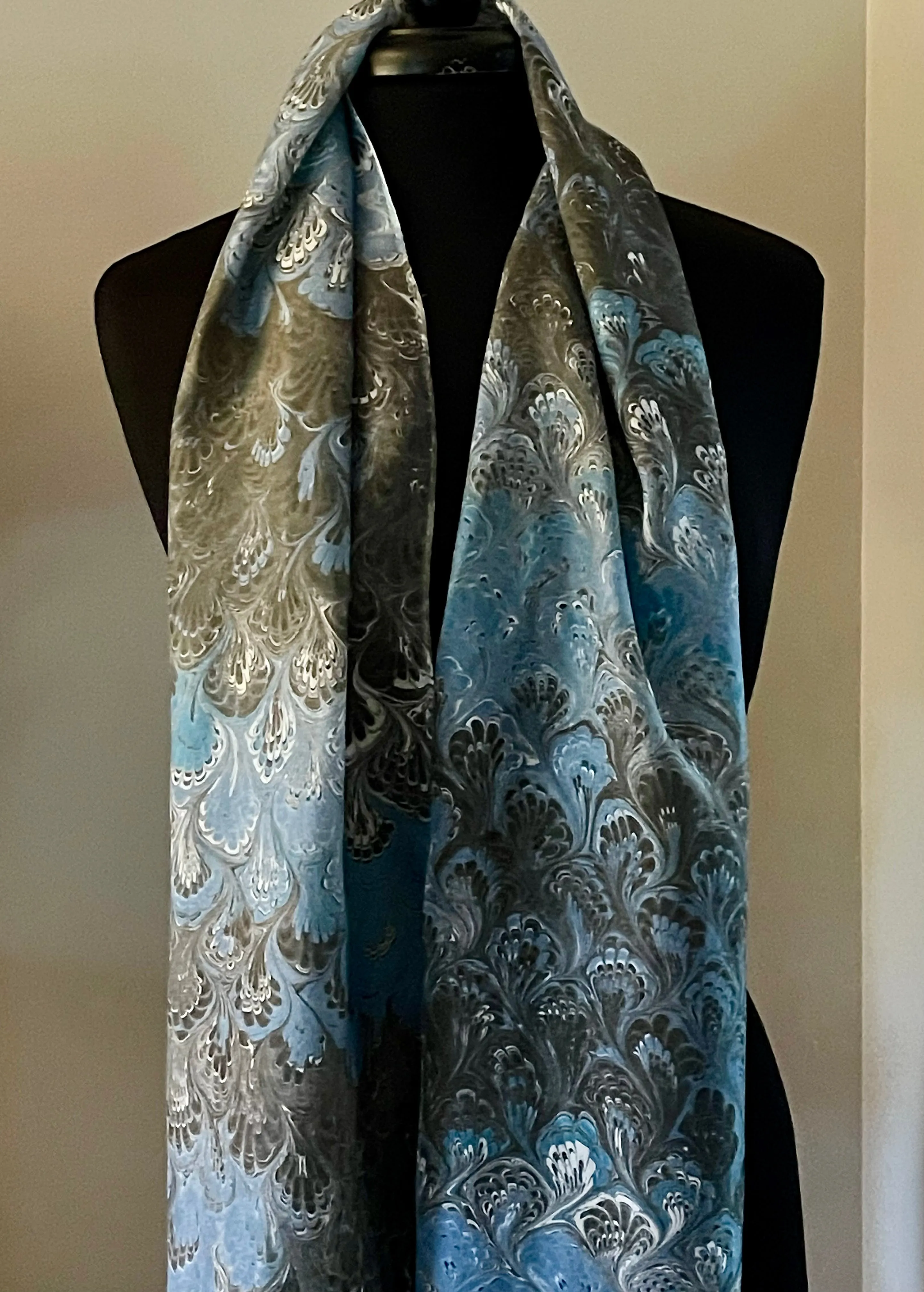 Blue & black bouquet  water marbled 8mm Habotai silk.  Hang on the wall, use  as a table runner or wear this unique piece .