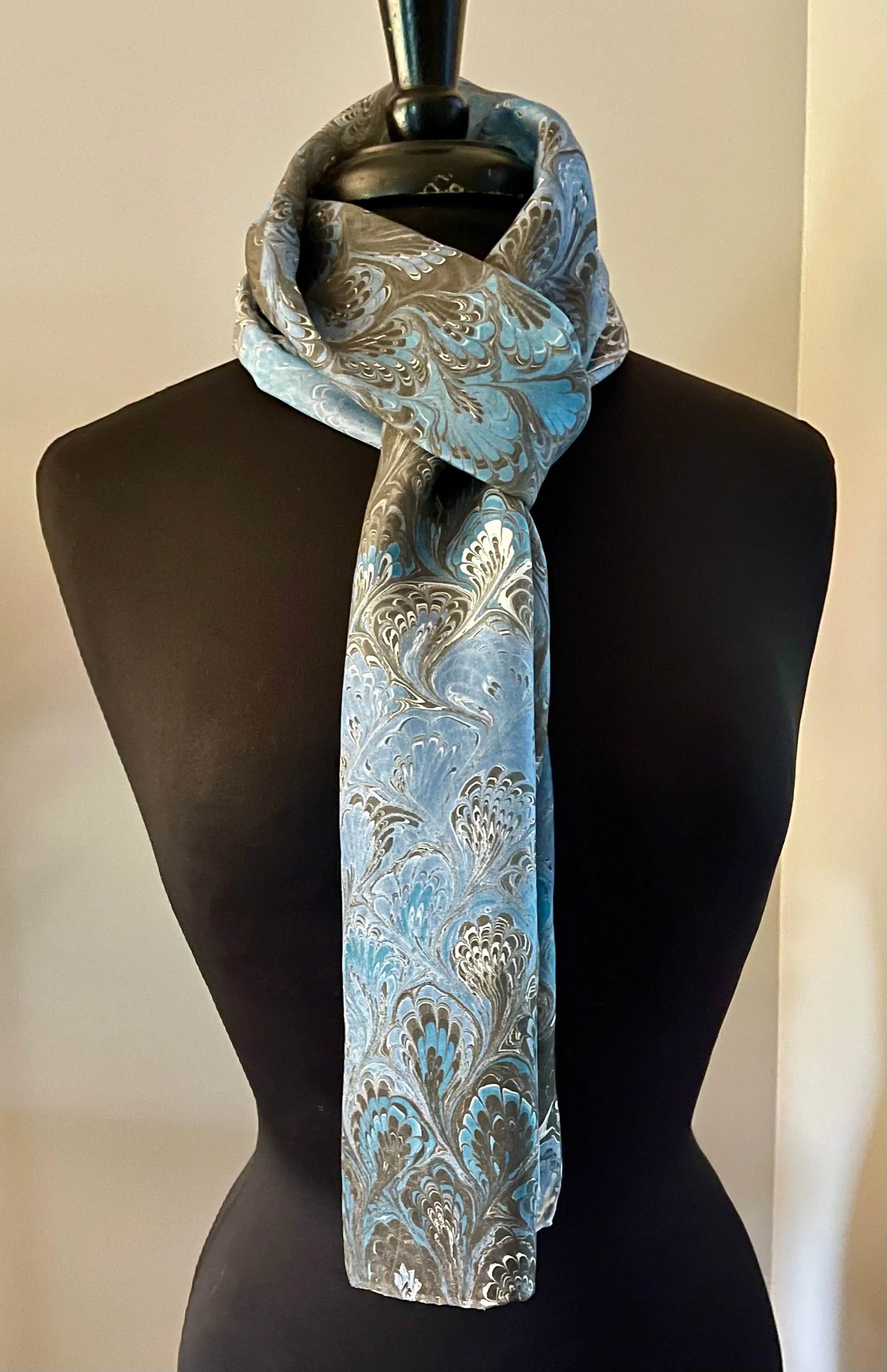 Blue & black bouquet  water marbled 8mm Habotai silk.  Hang on the wall, use  as a table runner or wear this unique piece .