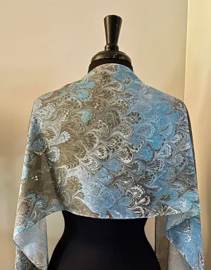 Blue & black bouquet  water marbled 8mm Habotai silk.  Hang on the wall, use  as a table runner or wear this unique piece .