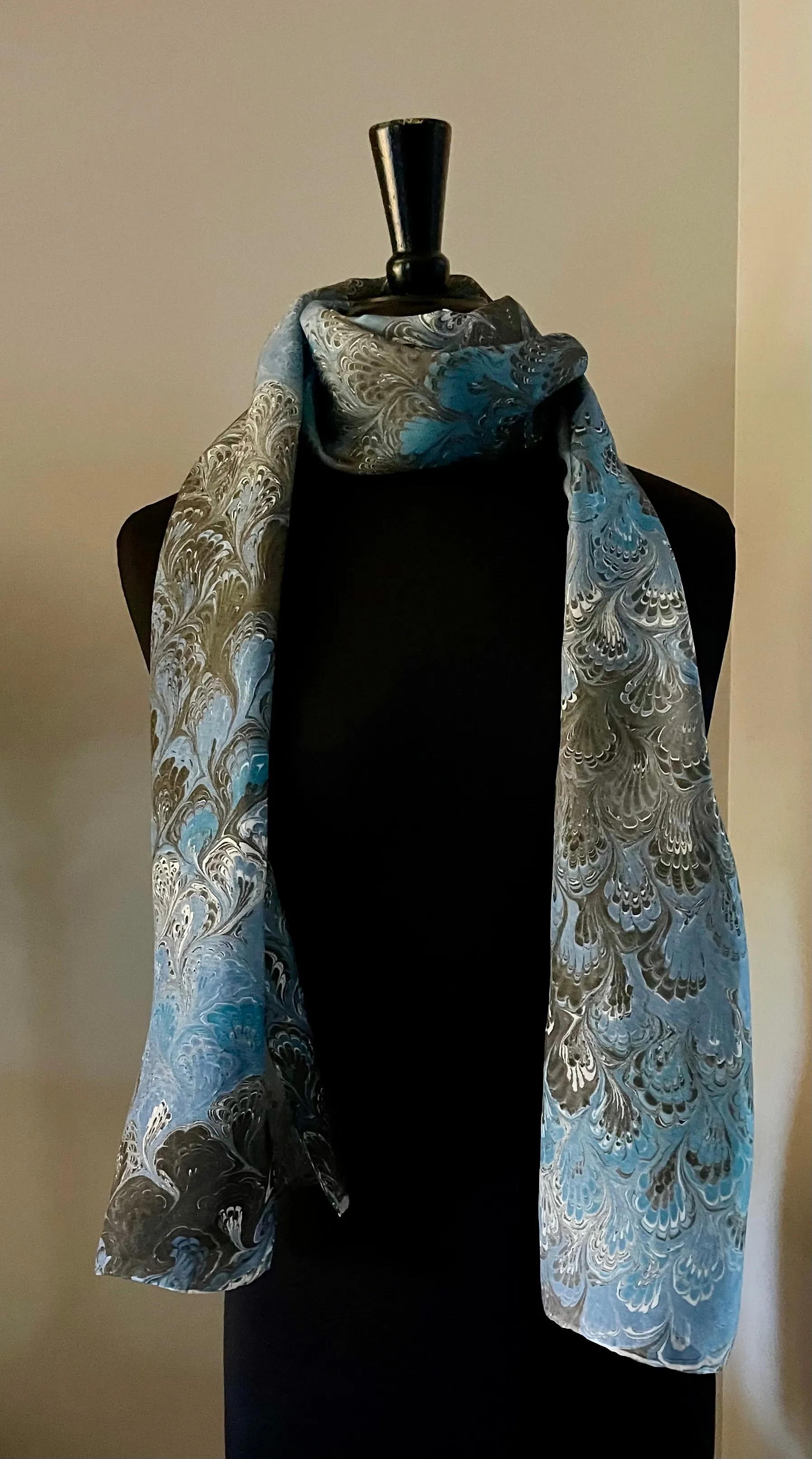 Blue & black bouquet  water marbled 8mm Habotai silk.  Hang on the wall, use  as a table runner or wear this unique piece .