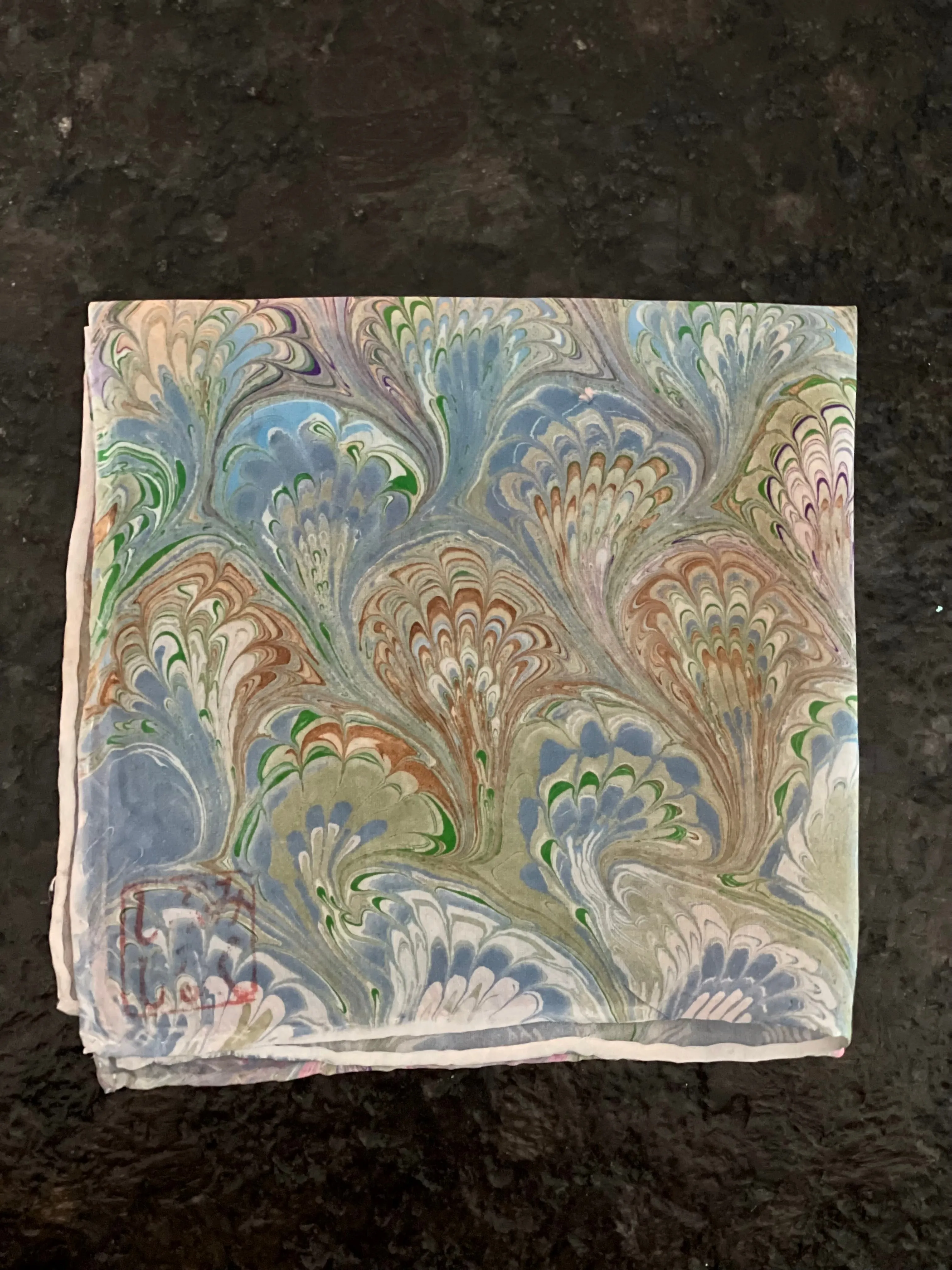 Blue Green Brown 11x11”  Habotai silk,  pocket square, doily, hair tie, or accessorize your dog.