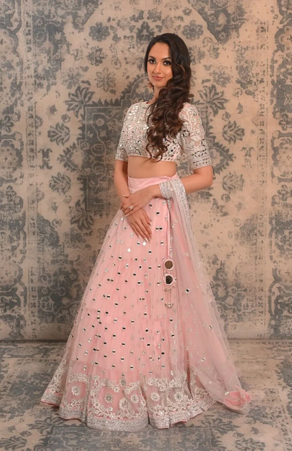 Blush pink mirror and Resham work lehenga