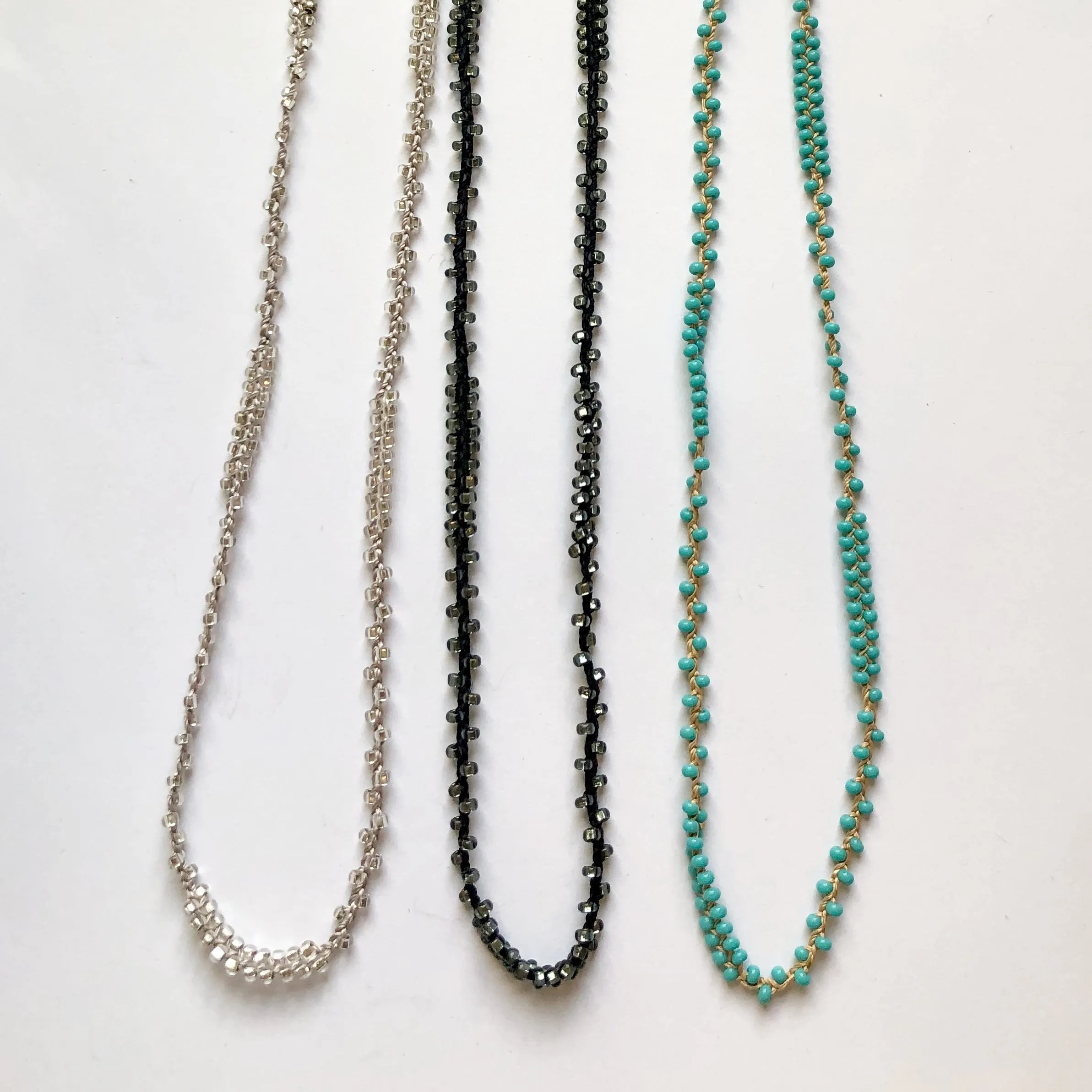 Braided 32" Patterned Beaded Necklaces Silver, Turquoise, & Black