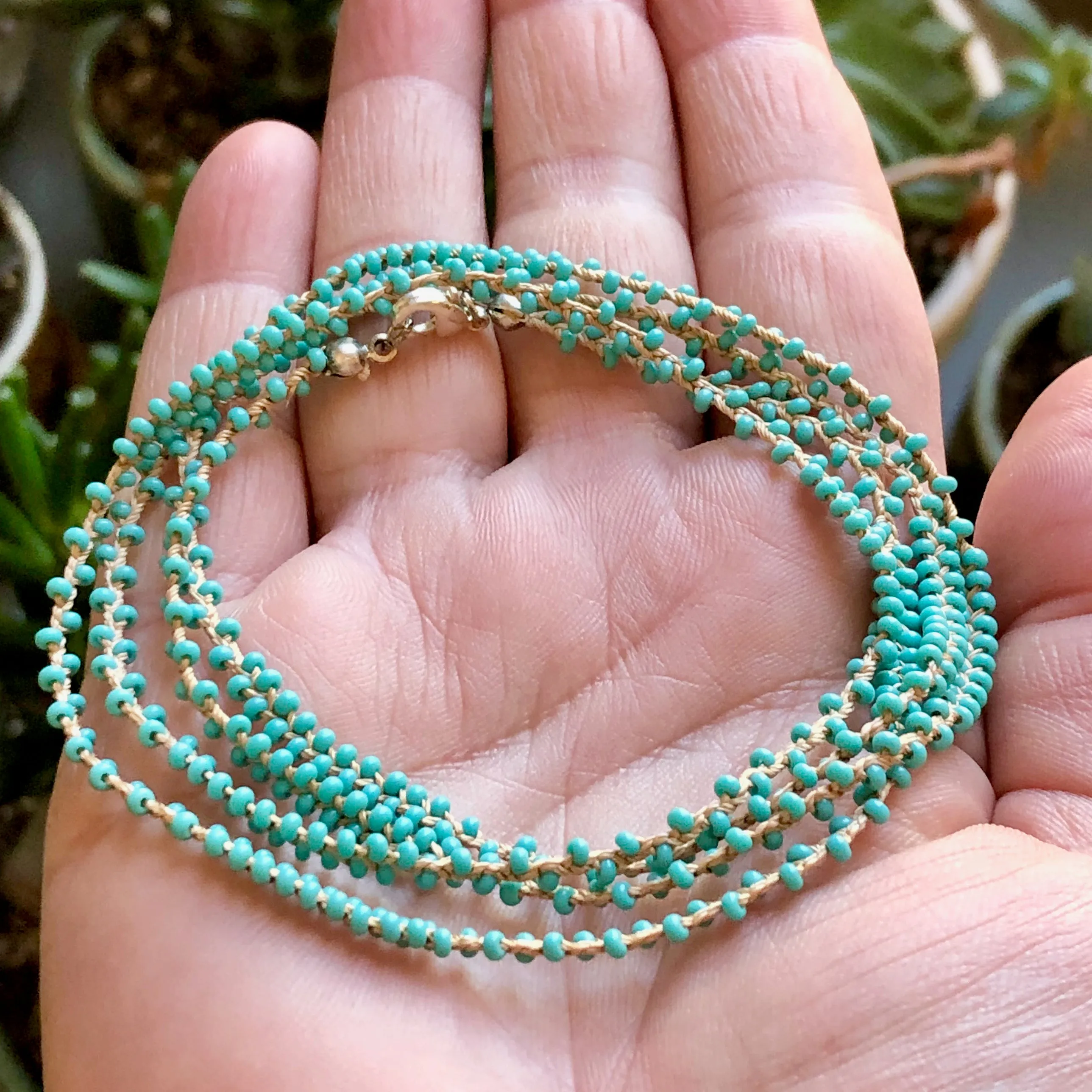 Braided 32" Patterned Beaded Necklaces Silver, Turquoise, & Black