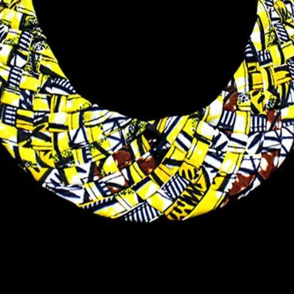 Braided Patterned Yellow & Navy Blue Fabric Bib Necklace