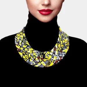 Braided Patterned Yellow & Navy Blue Fabric Bib Necklace