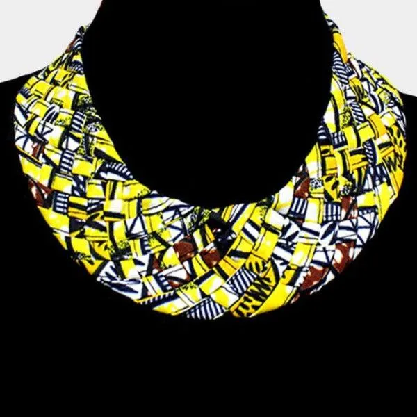 Braided Patterned Yellow & Navy Blue Fabric Bib Necklace
