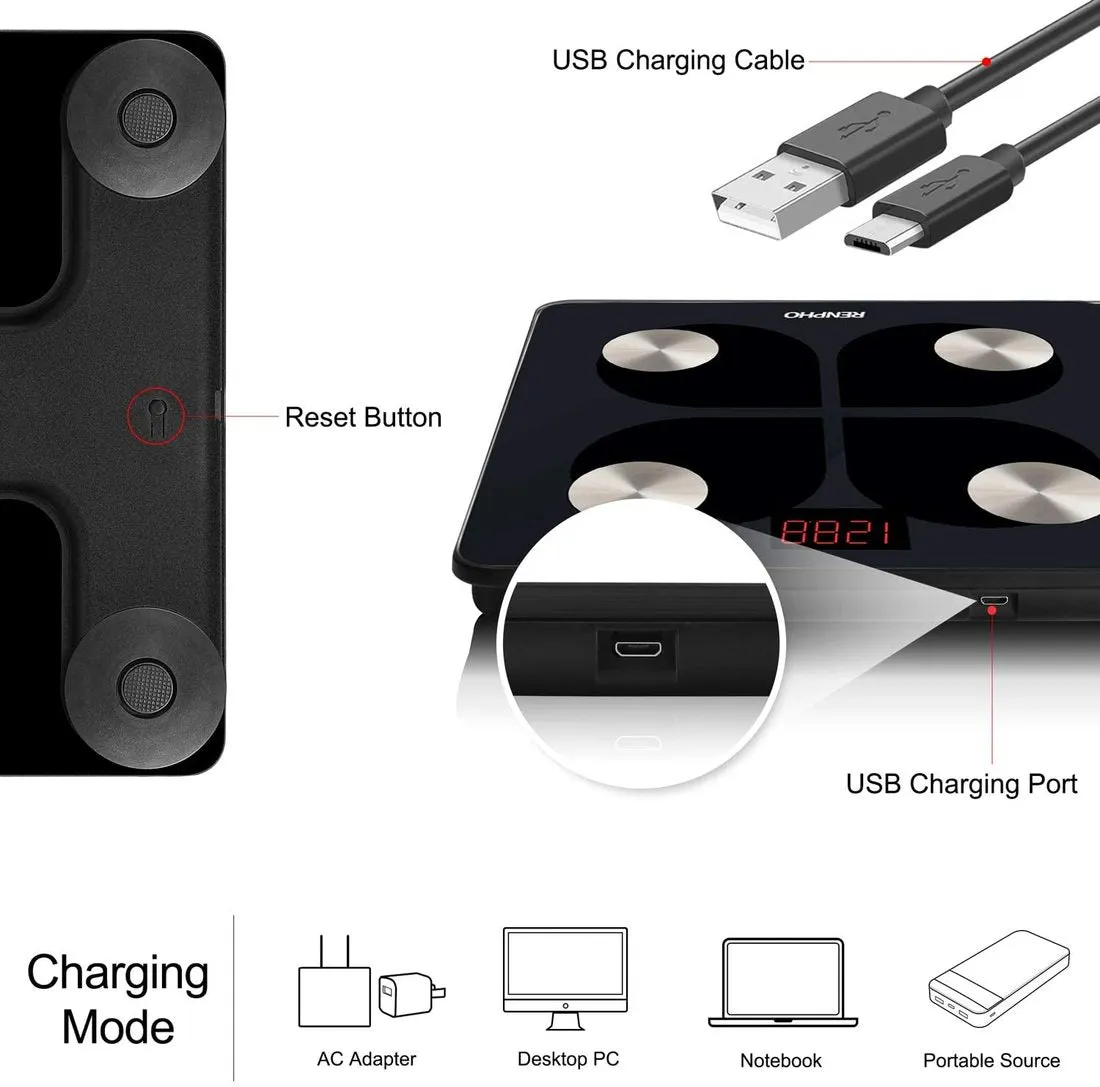 Brand new in box! RENPHO Bluetooth Rechargeable Smart Scale Digital Weight BMI Scale Smartphone Model: ES-28ML (Black)