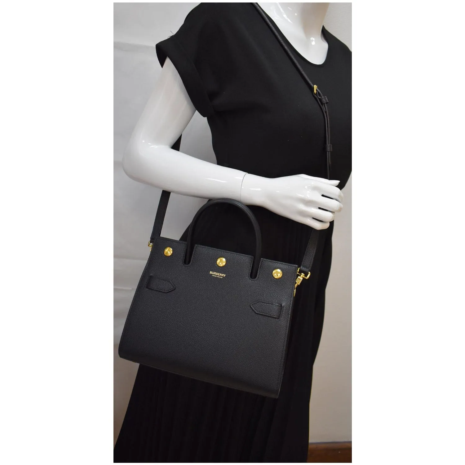 BURBERRY Mini Title Grainy Leather Top Handle Crossbody Bag Black