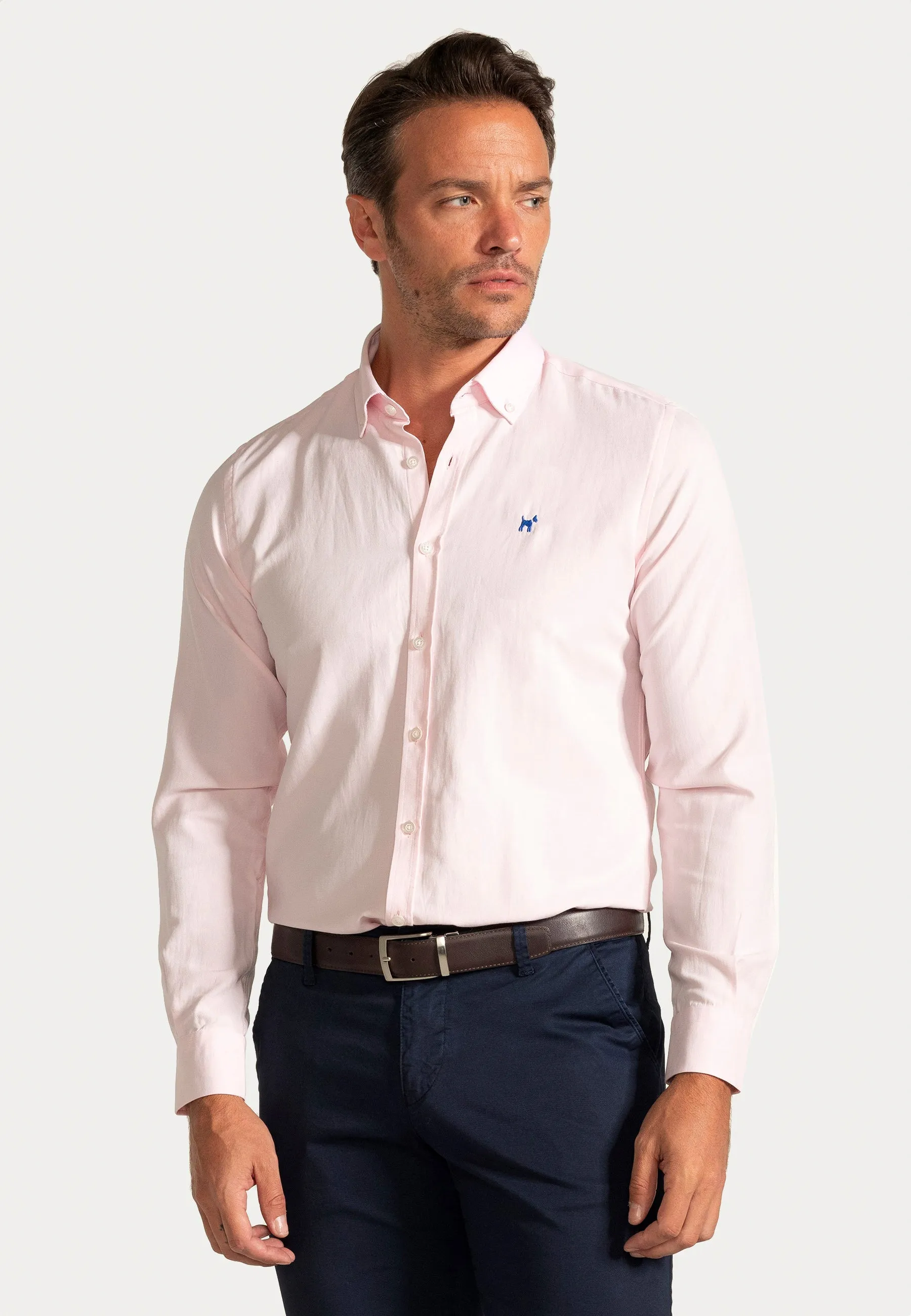 Camisa Oxford Liso Rosa Claro Slim