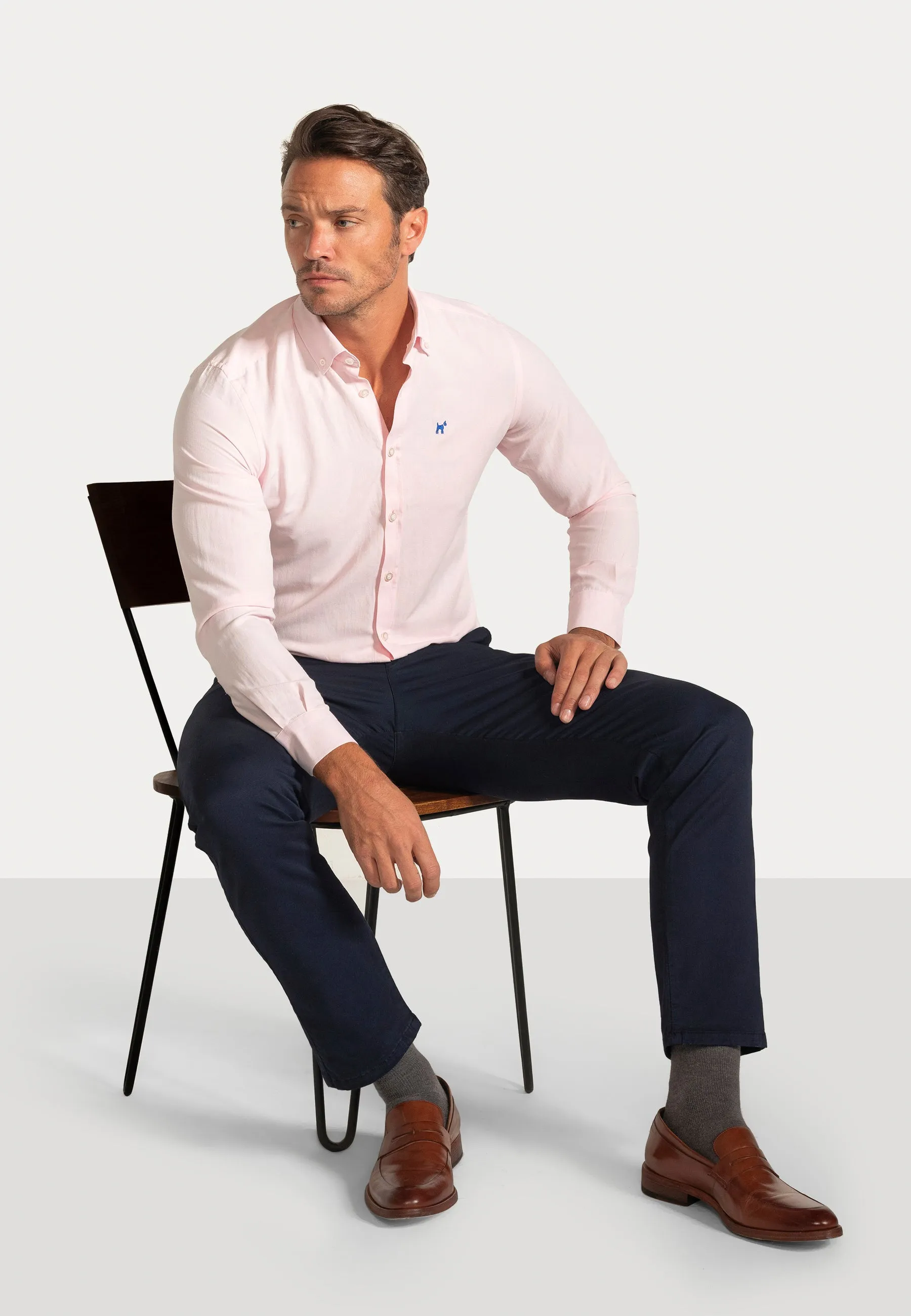 Camisa Oxford Liso Rosa Claro Slim