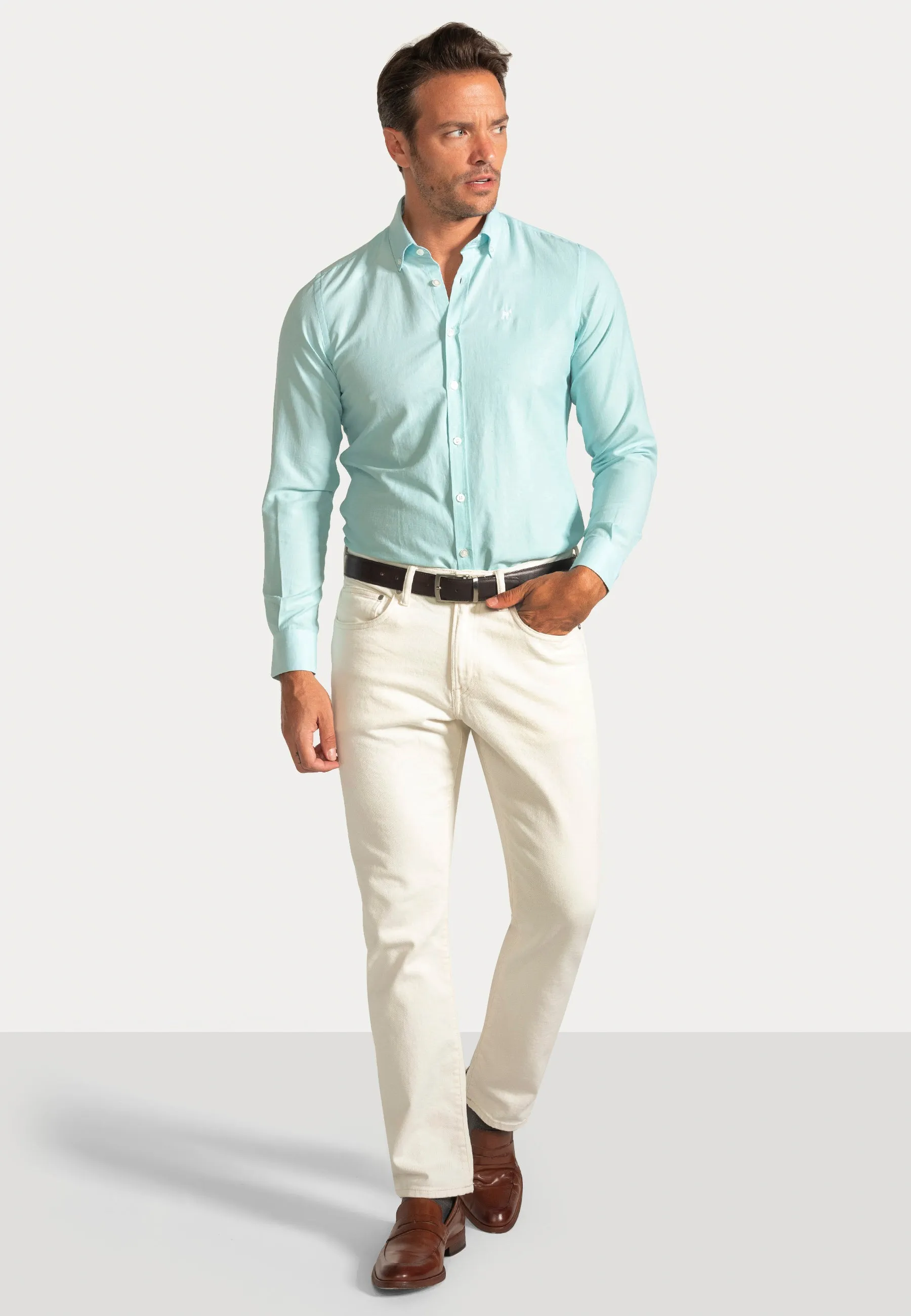 Camisa Oxford Liso Turquesa Slim
