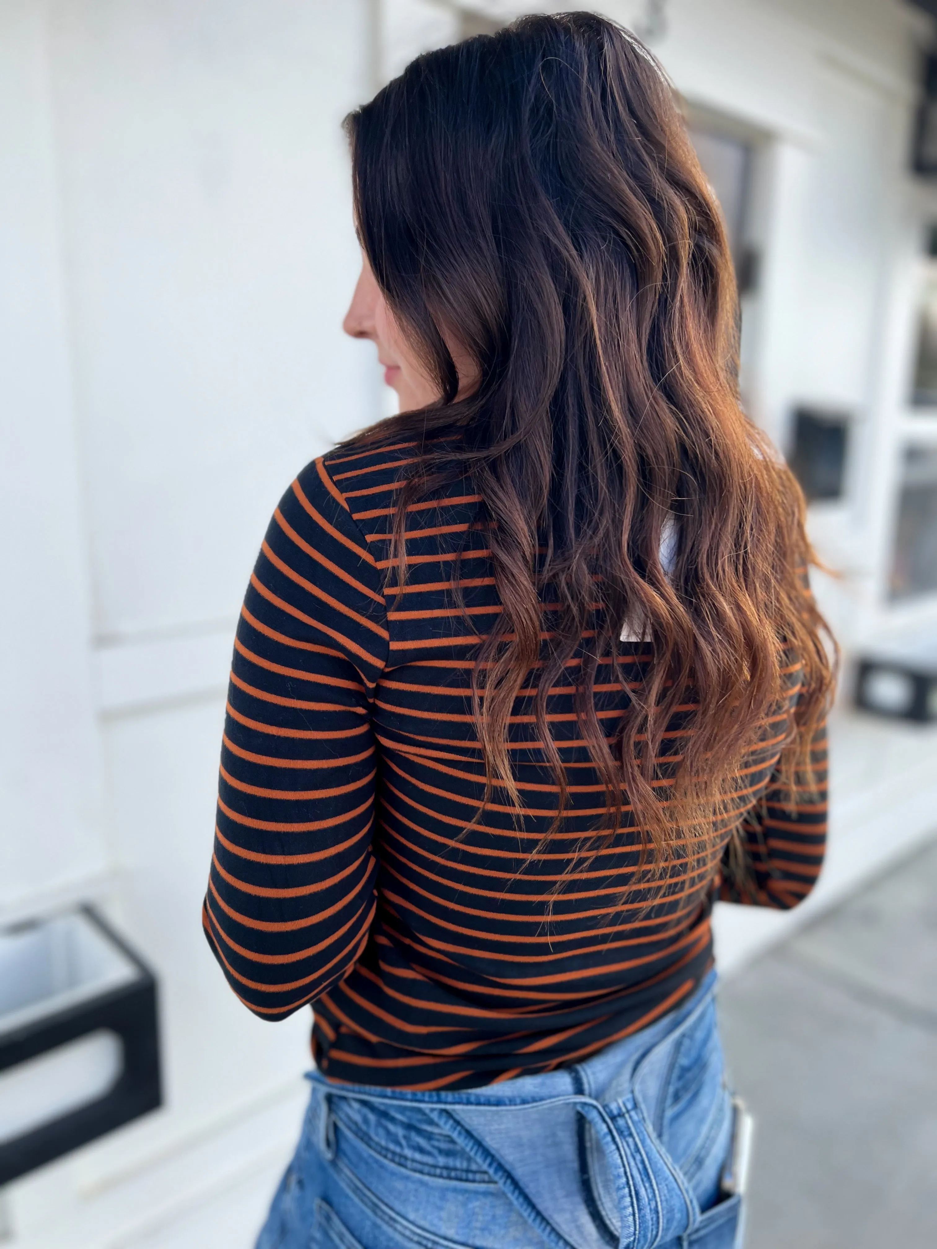 Carly Long Sleeve Striped Top- Rust