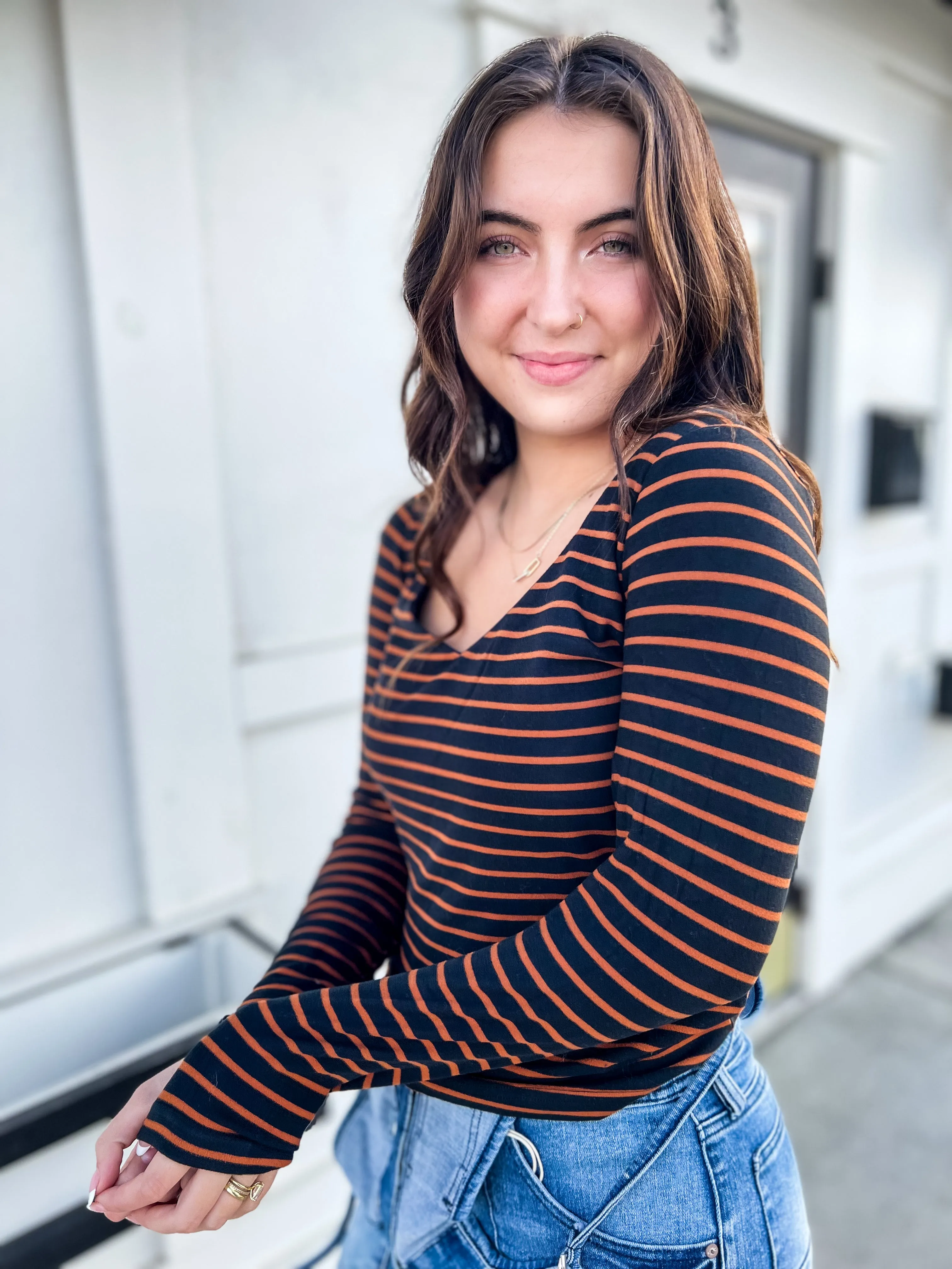 Carly Long Sleeve Striped Top- Rust