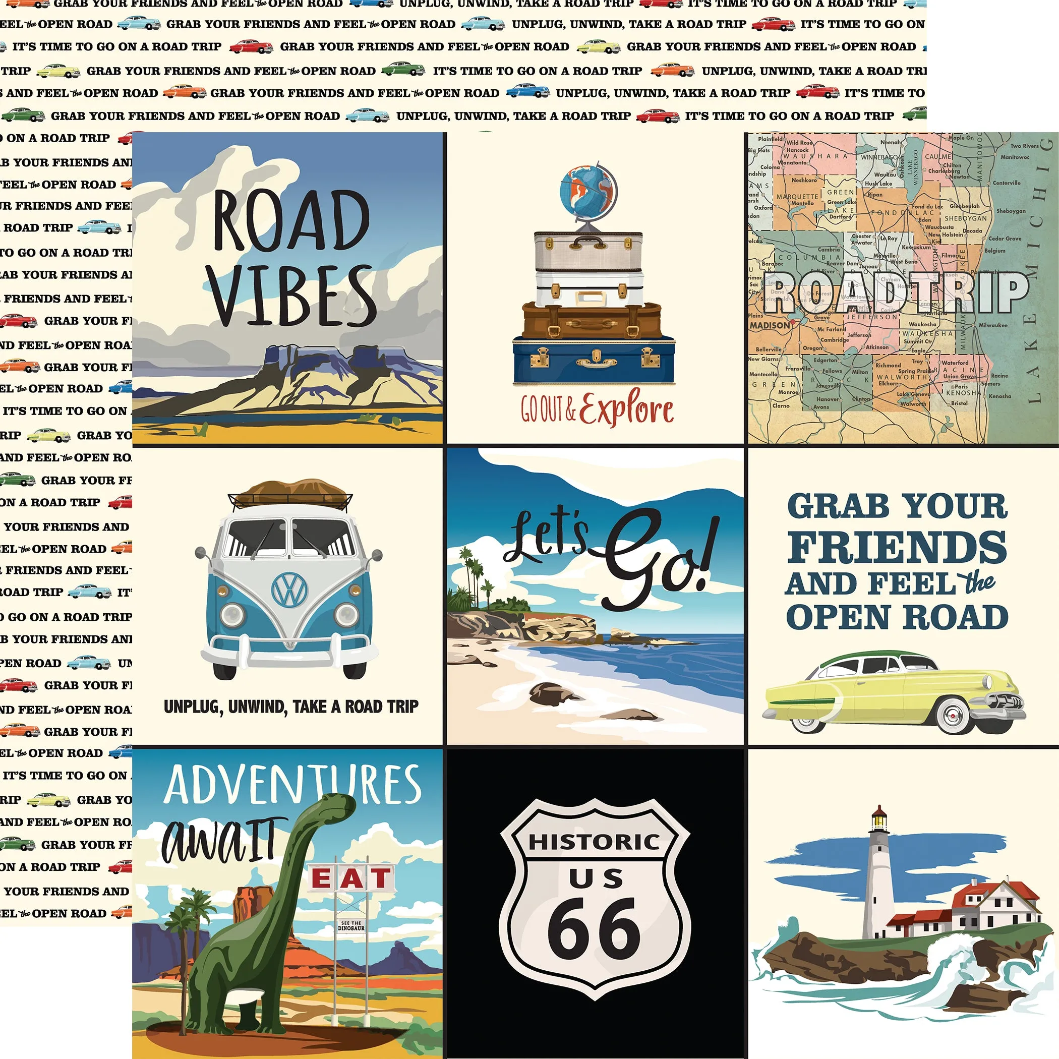 Carta Bella - Road Trip - 12x12 Single Sheet / 4x4 Journaling Cards