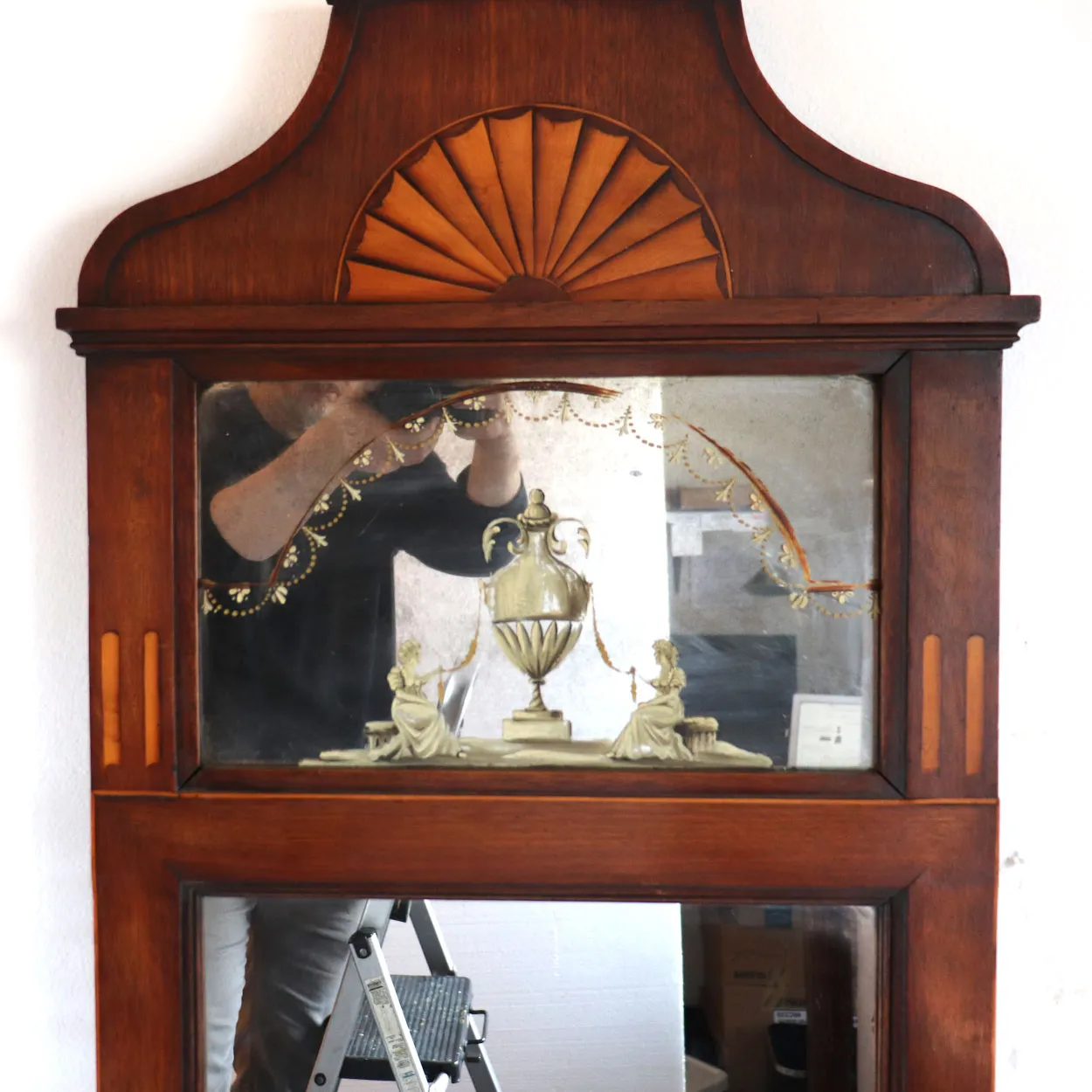 Danish Neoclassical Parquetry Mahogany Pier Mirror with Brass Sconces